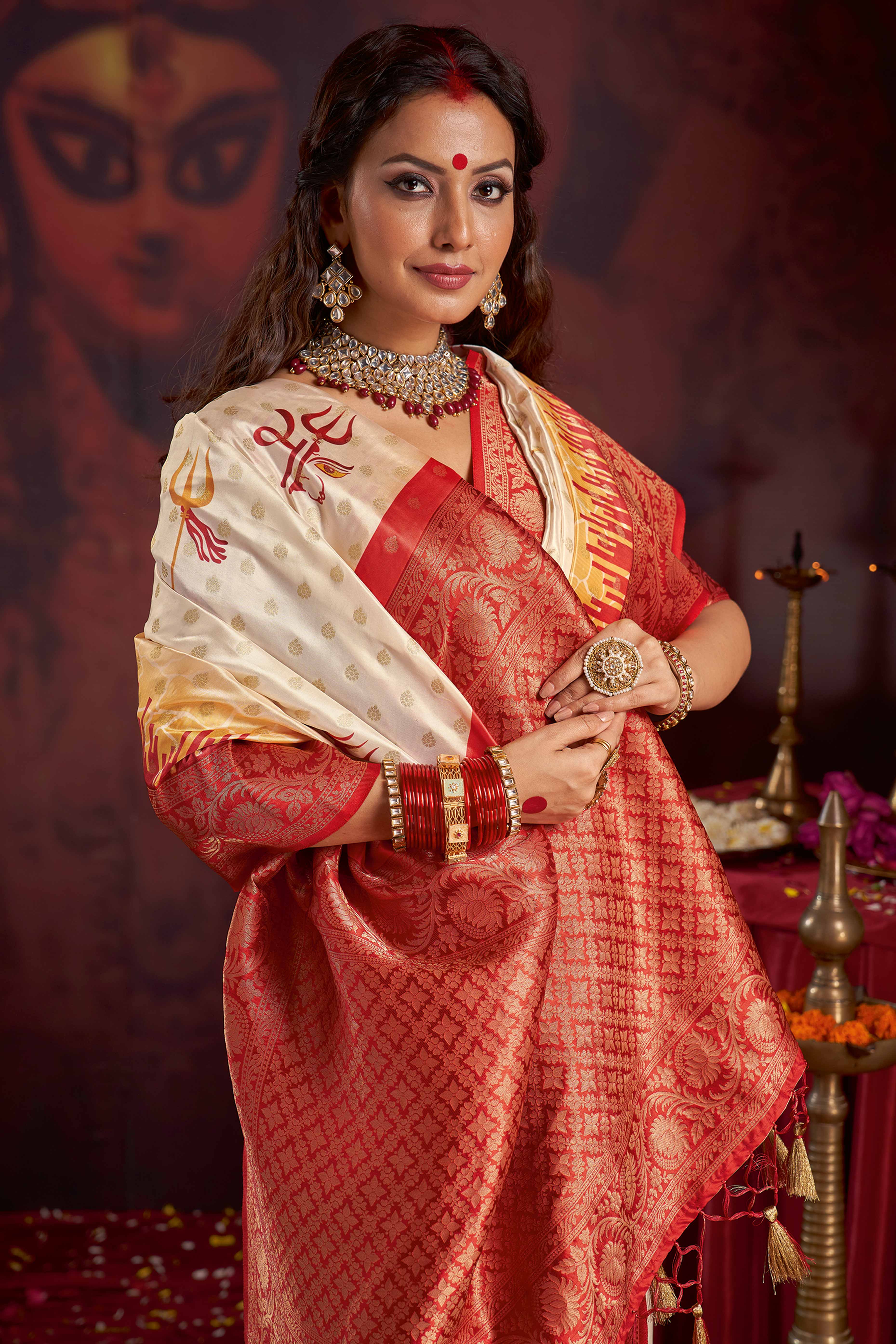 Ethnic Woven Off White & Red Satin Saree for Durga Festivals