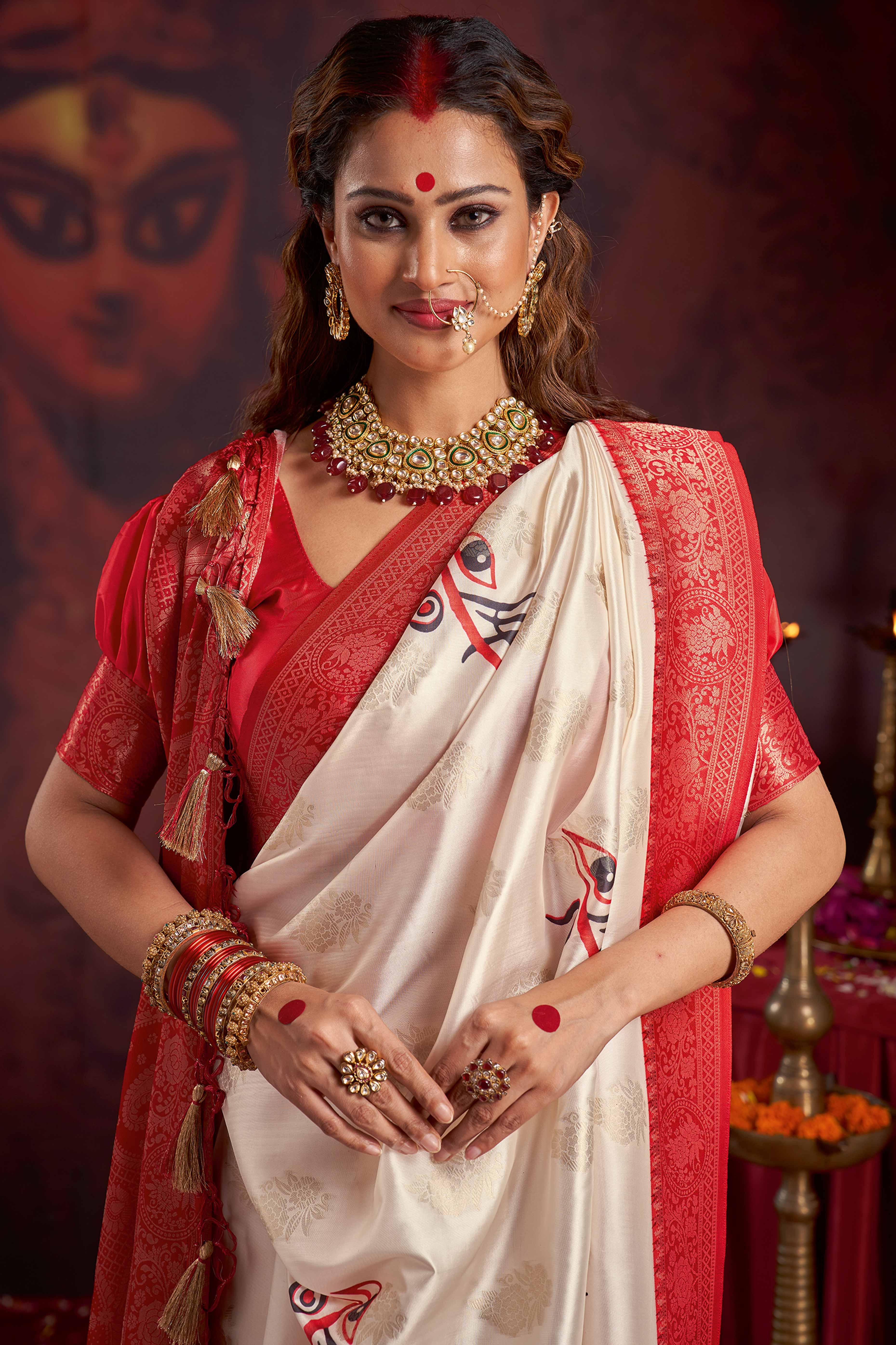 Off White & Red Woven Satin Saree for Puja Occasions