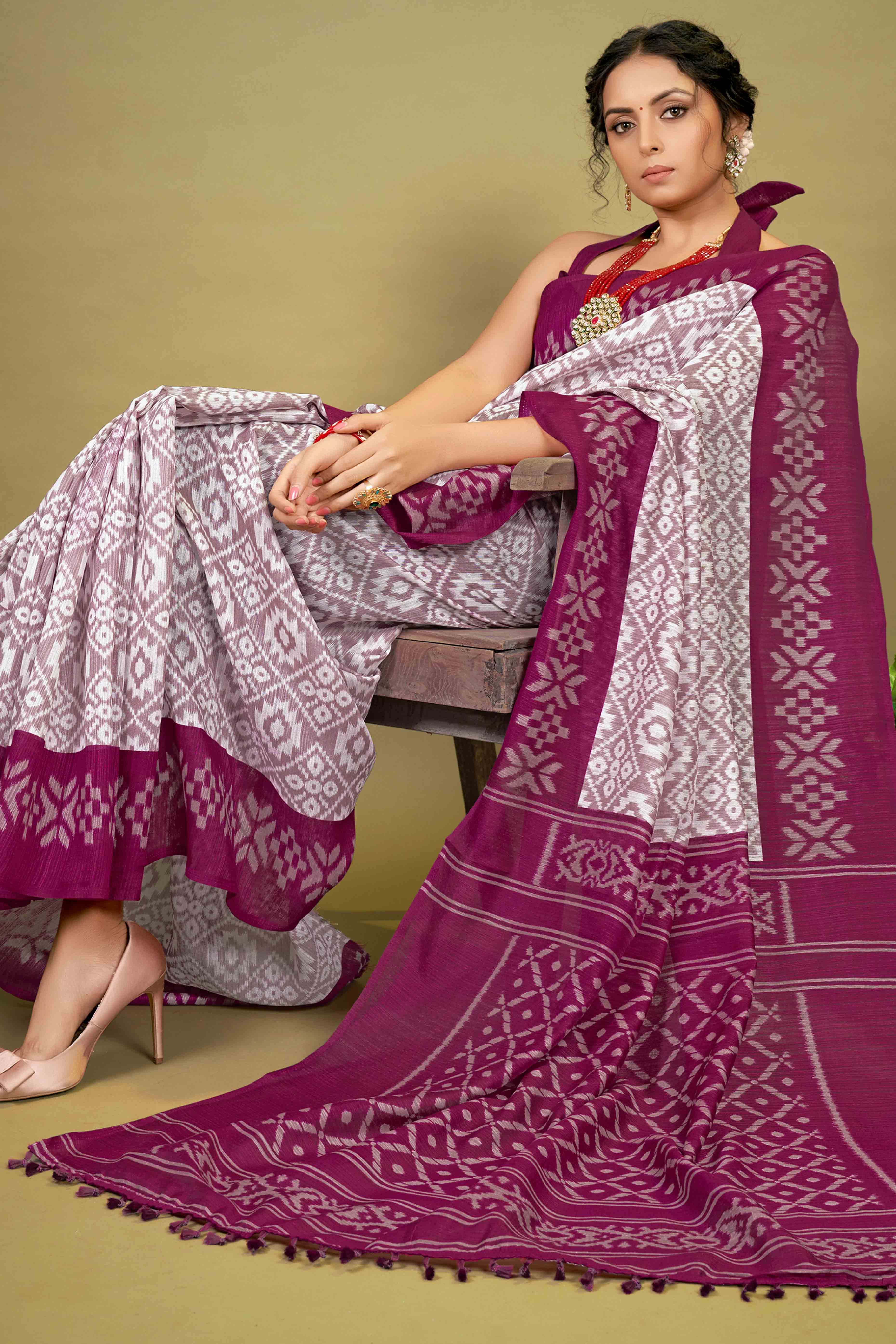 Wine Ikkat Printed Cotton Slub Saree