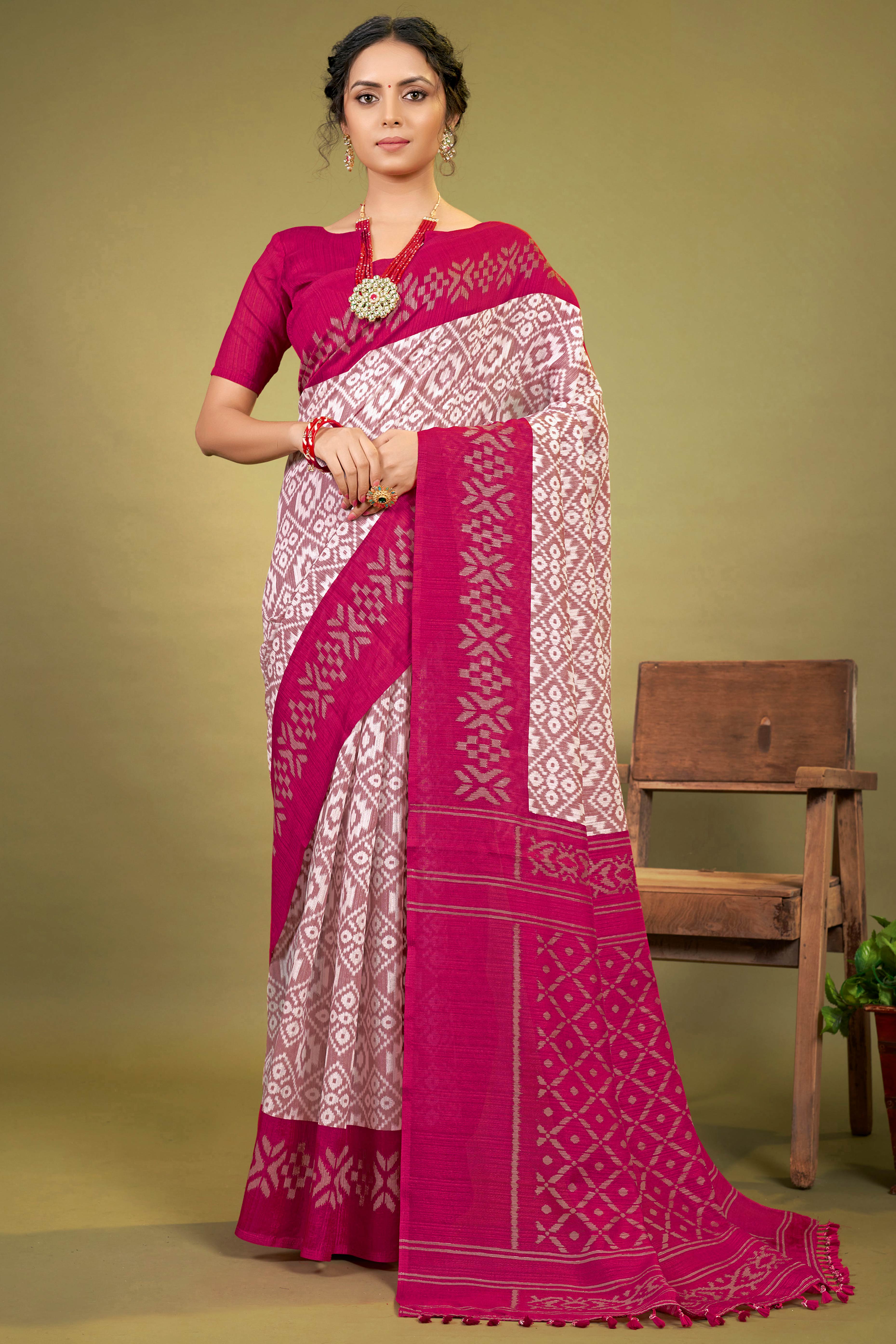Pink Ikkat Printed Cotton Slub Saree