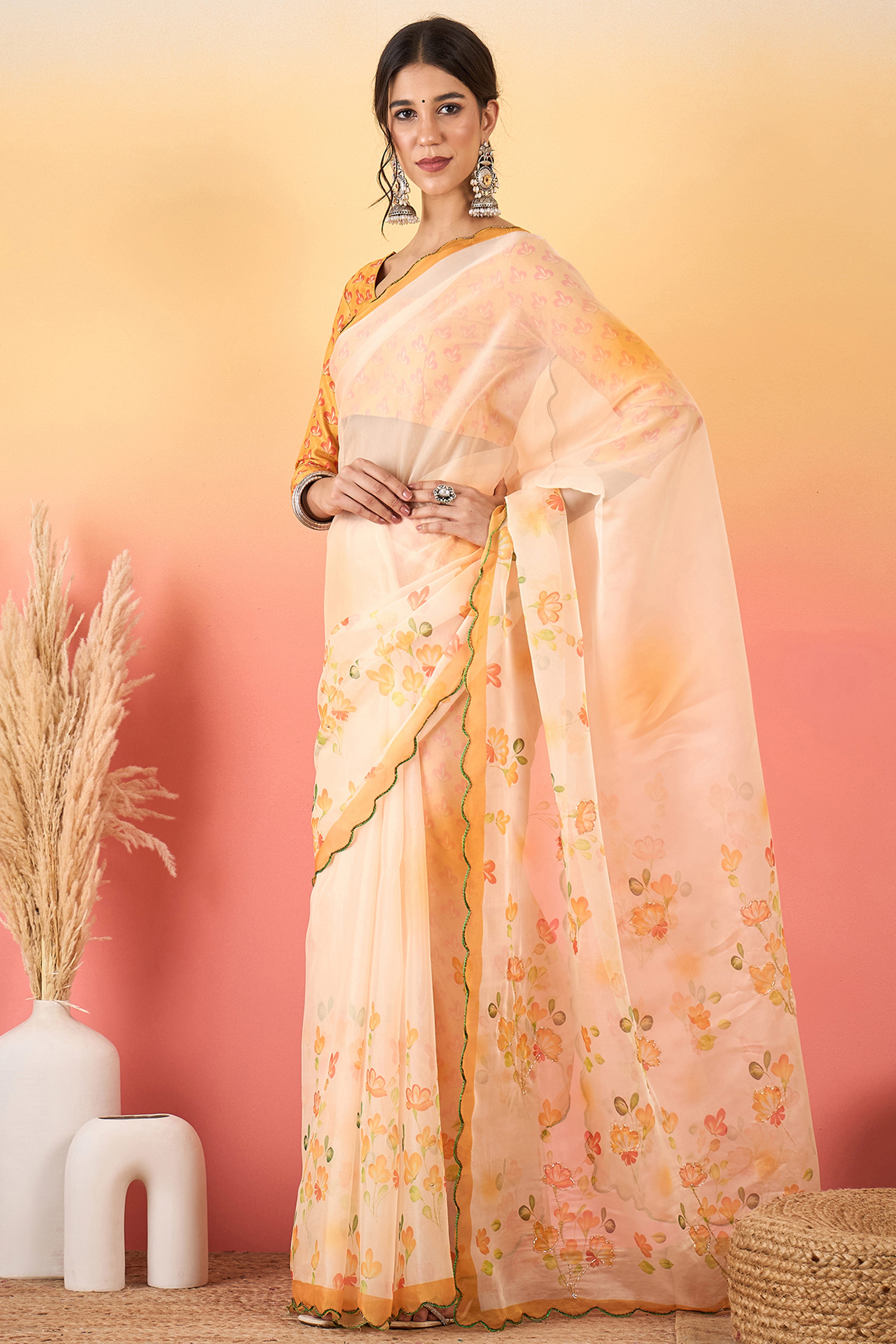 Gorgeous Cream Floral Printed Saree in Sheer Organza Blend Fabric with Handcrafted Beads Work