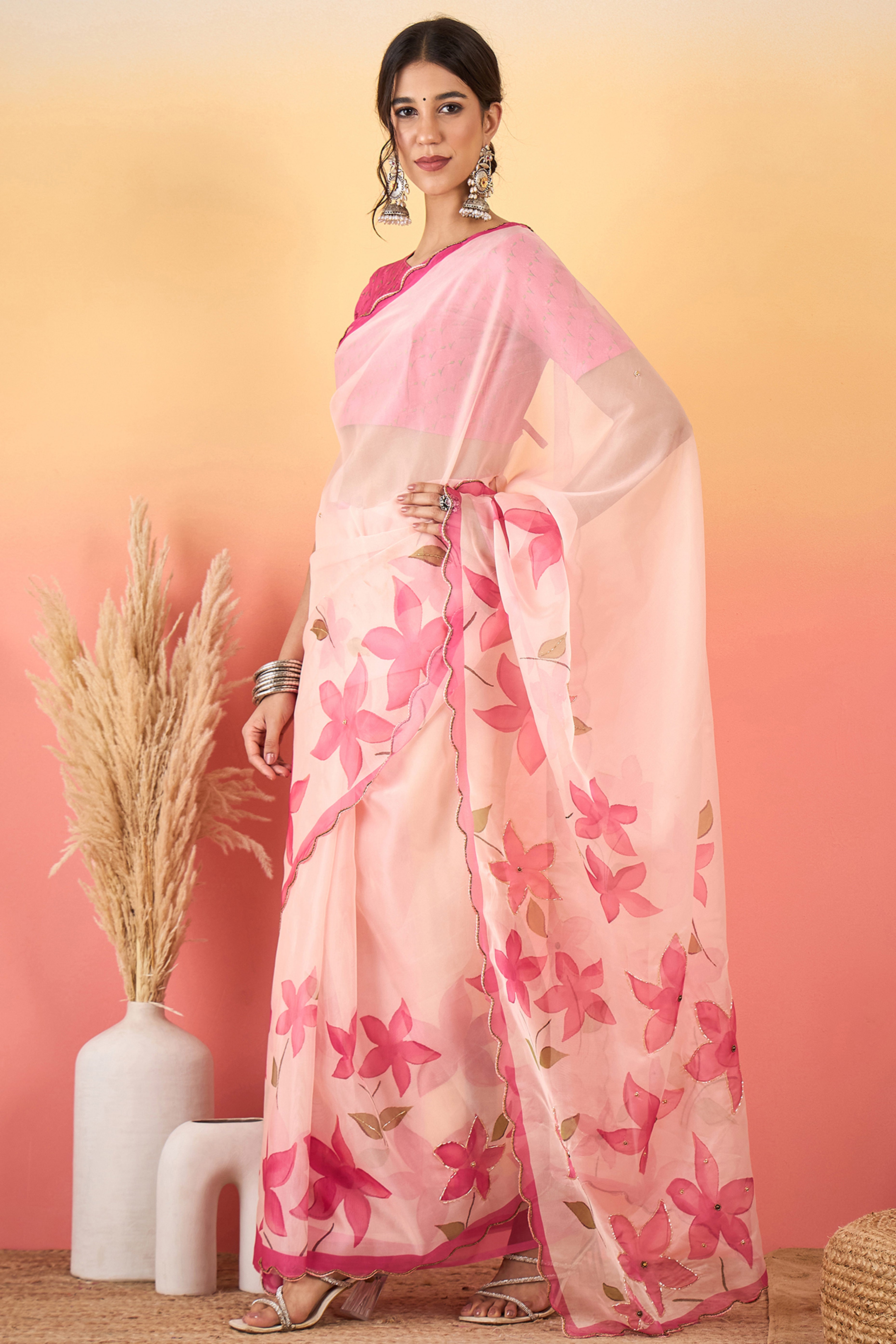 Gorgeous Pink Floral Printed Saree in Sheer Organza Blend Fabric with Handcrafted Beads Work