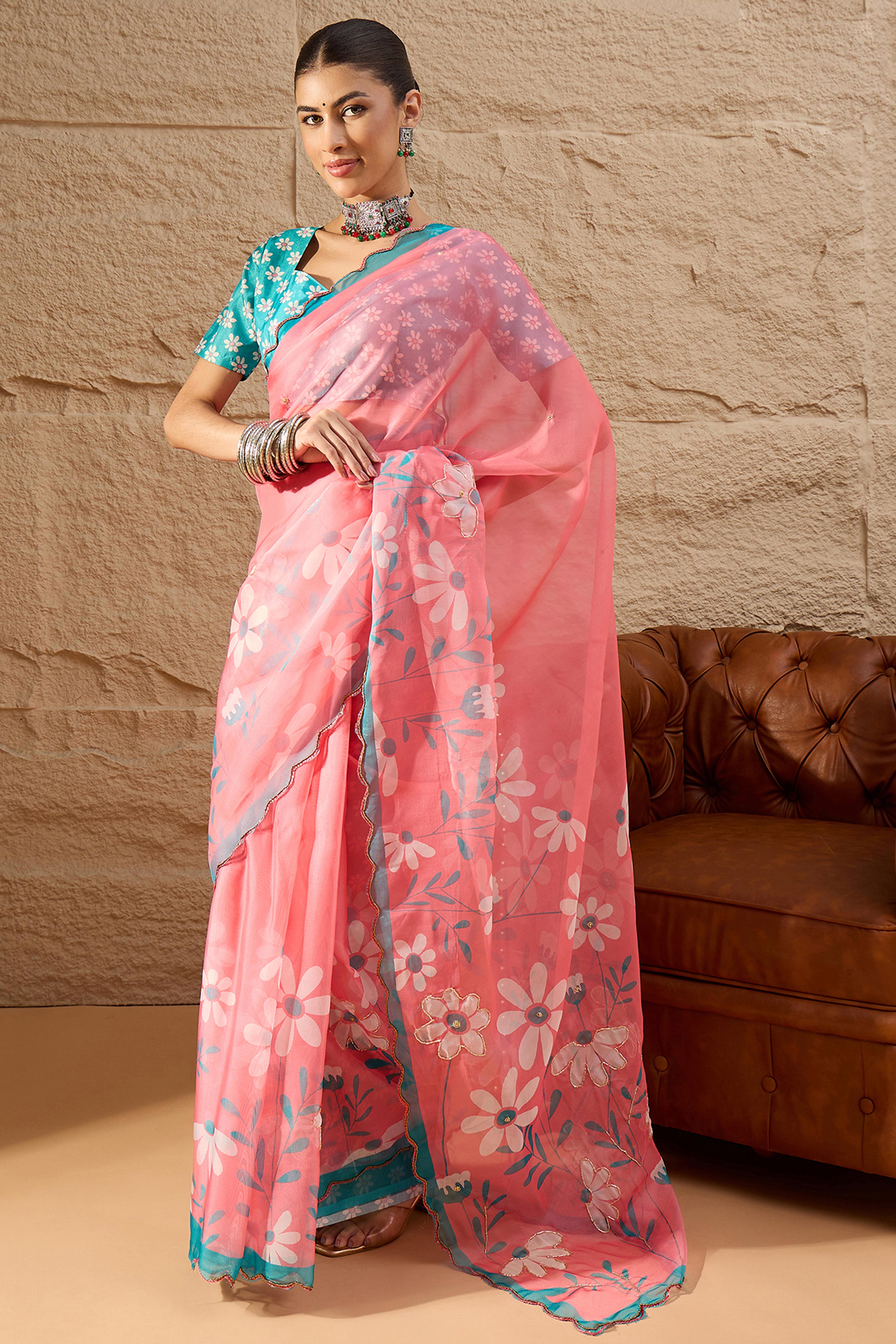 Pink Floral Printed Saree in Sheer Organza Blend Fabric with Handcrafted Beads Work