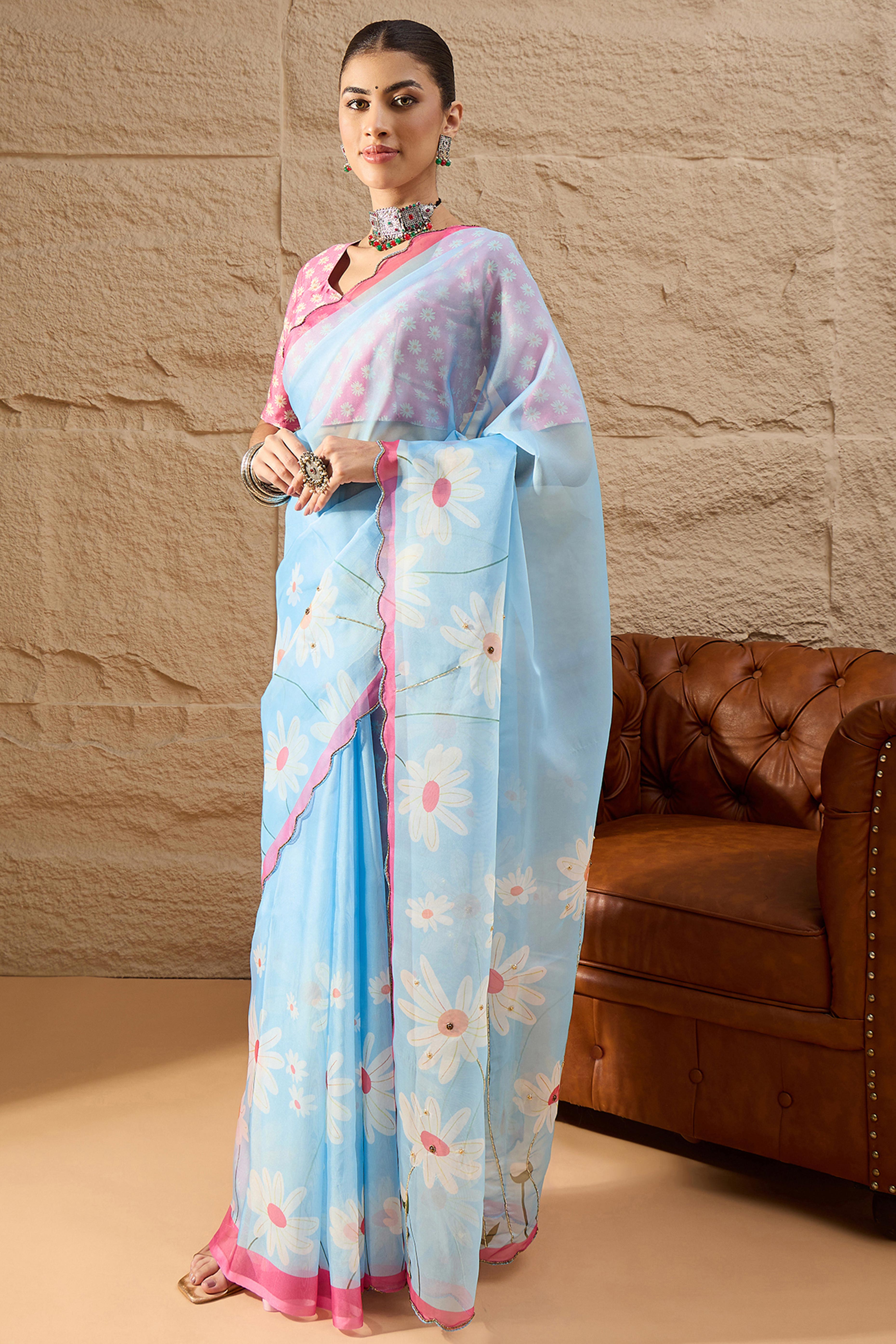Sky Blue Floral Printed Saree in Sheer Organza Blend Fabric with Handcrafted Beads Work