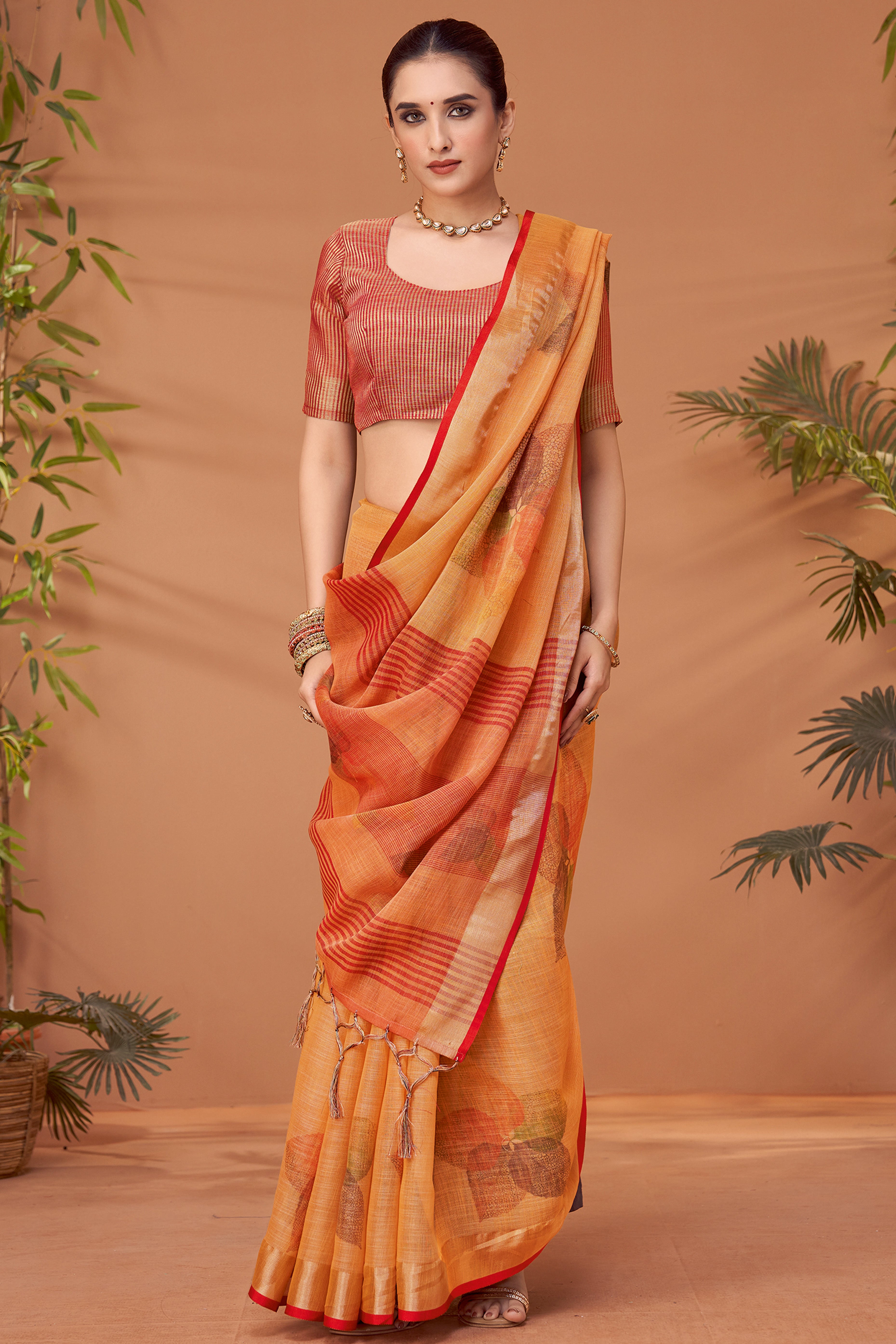 Orange Woven Floral Printed Linen Blend Saree with Soft Elegant Texture