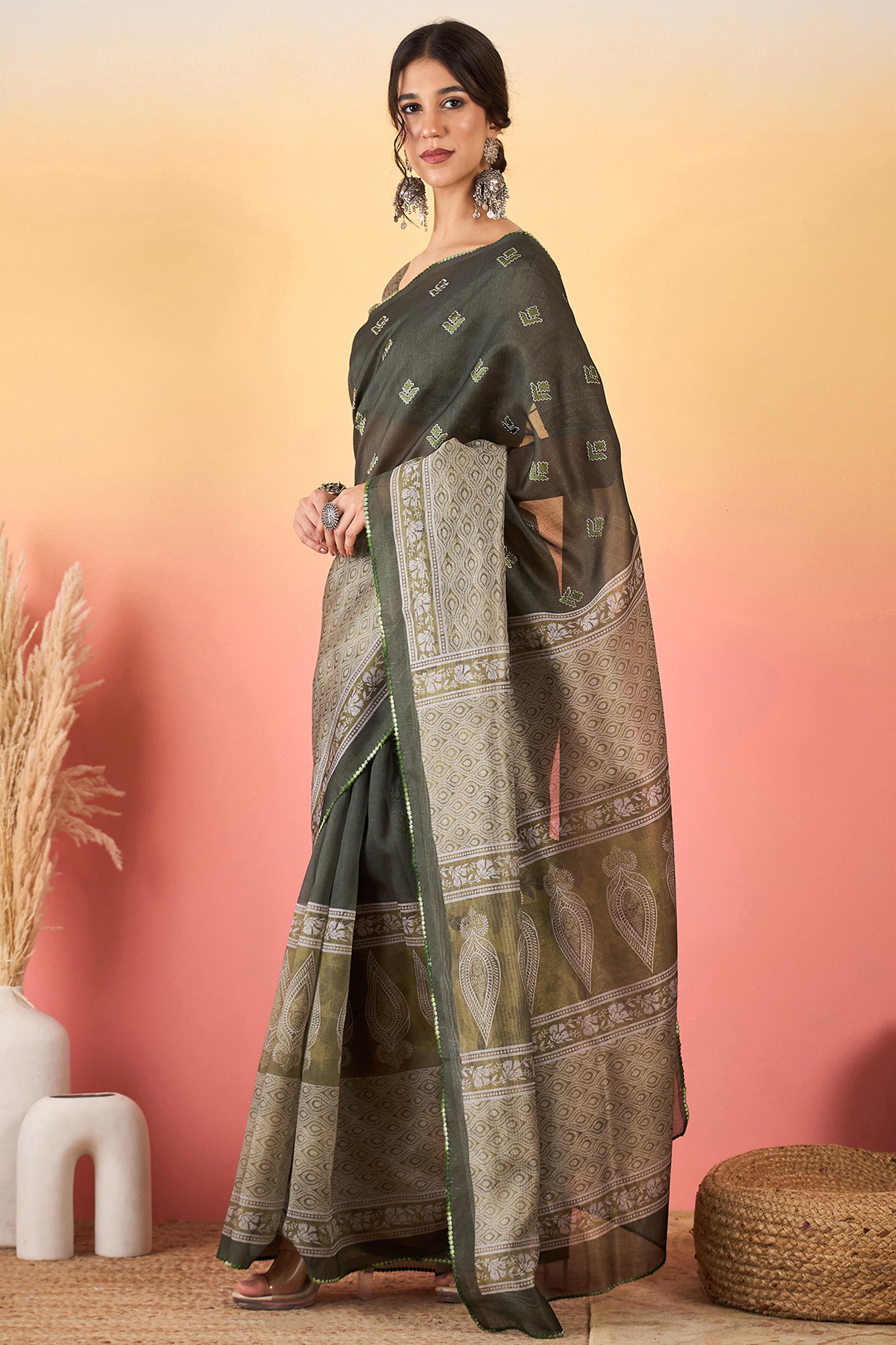 Mehendi Green Floral Embroidered Saree Made from Premium Lightweight Silk Blend Material