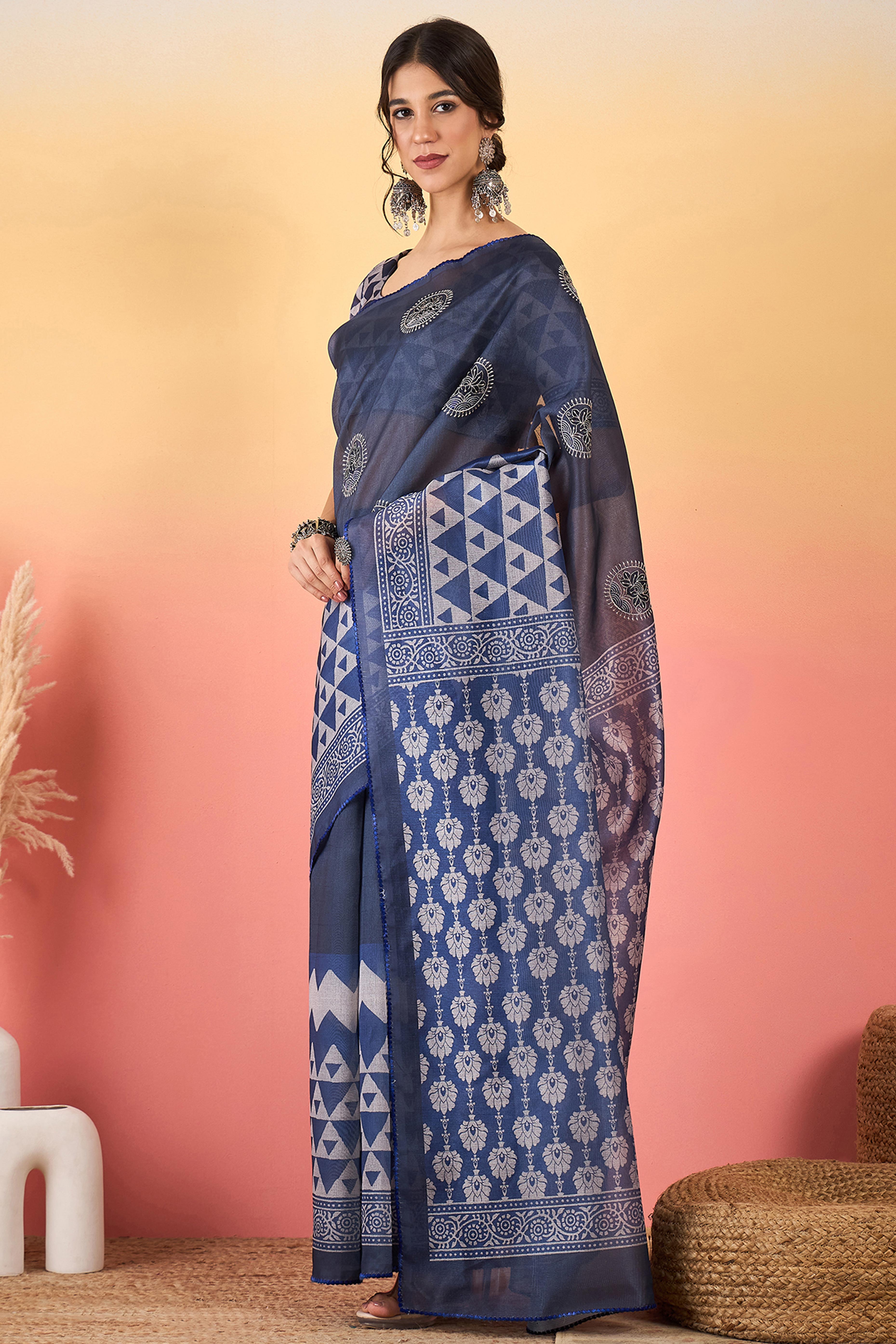 Navy Blue Floral Embroidered Saree Made from Premium Lightweight Silk Blend Material