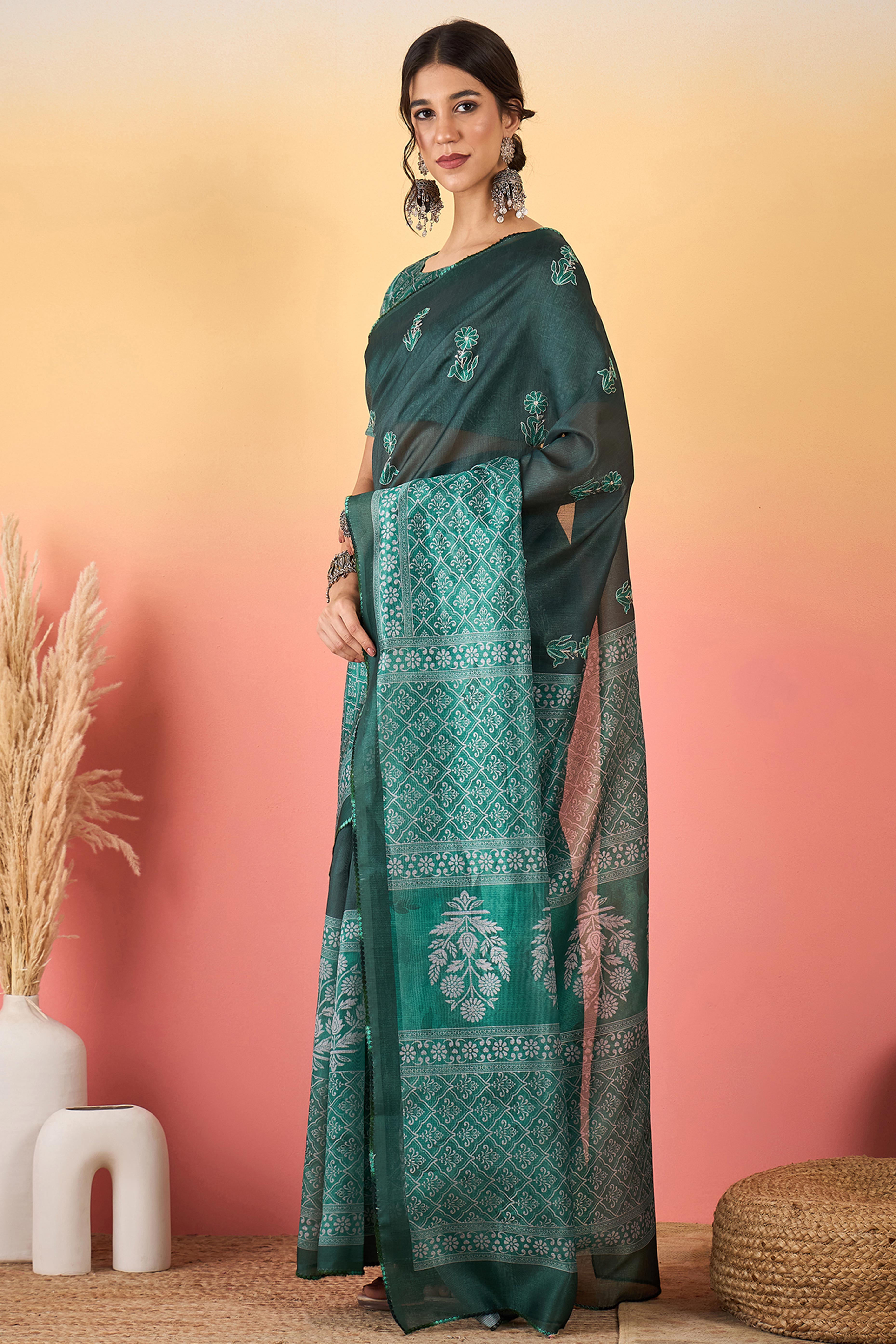 Green Floral Embroidered Saree Made from Premium Lightweight Silk Blend Material