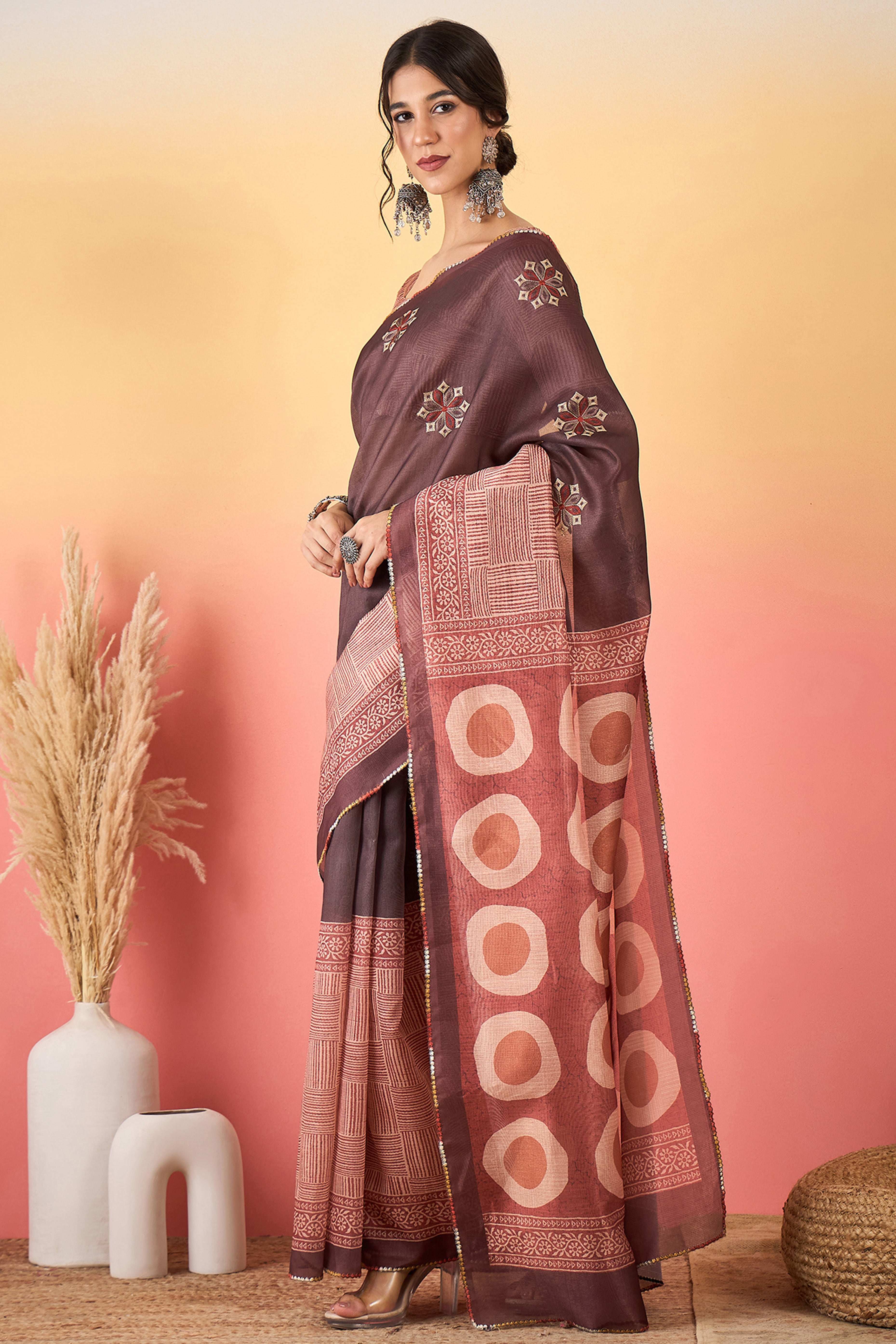 Light Coffee Brown Floral Embroidered Saree Made from Premium Lightweight Silk Blend Material