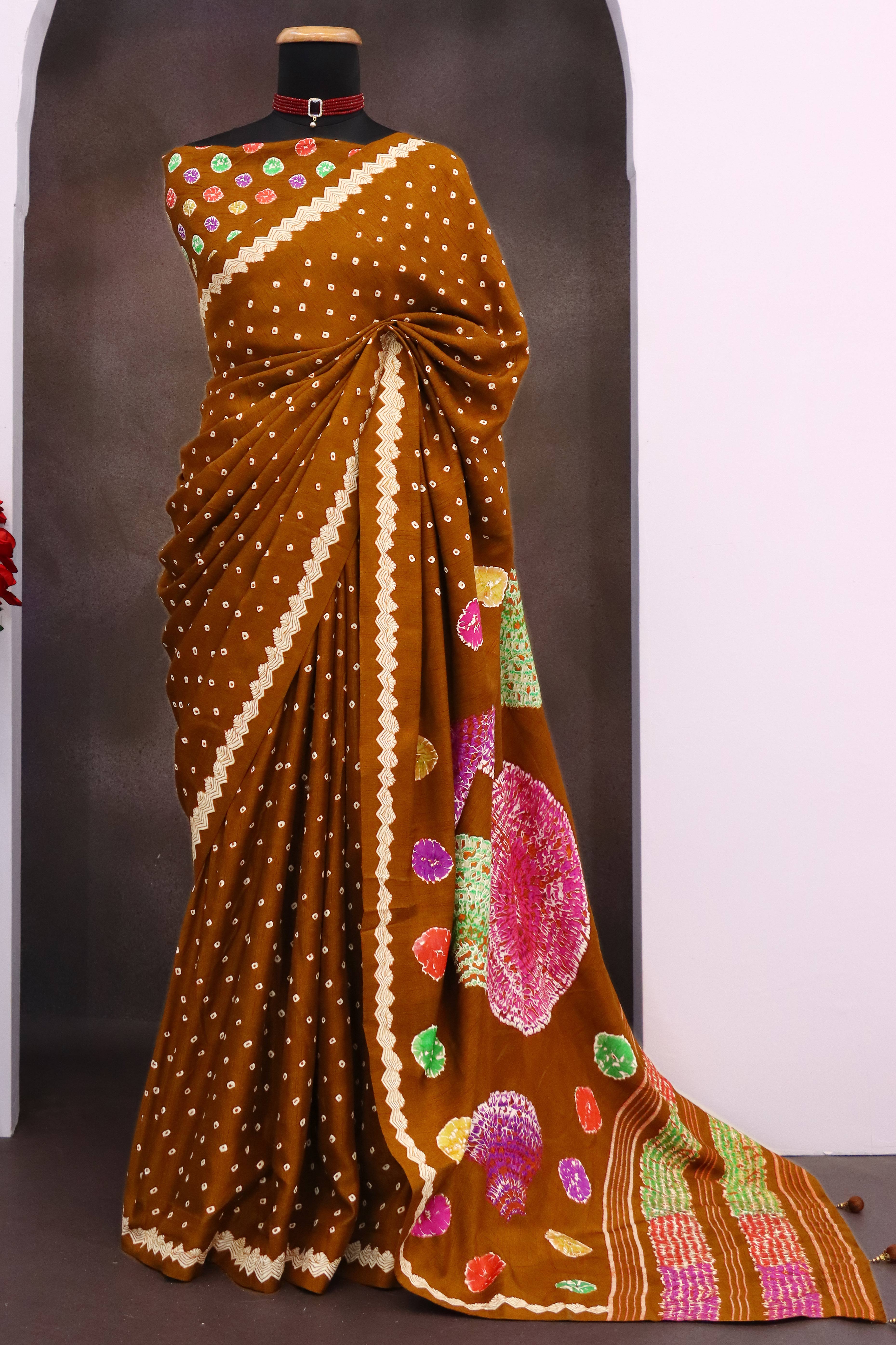 Brown Bandhani Print Premium Pure Dola Viscose Saree Party Essential