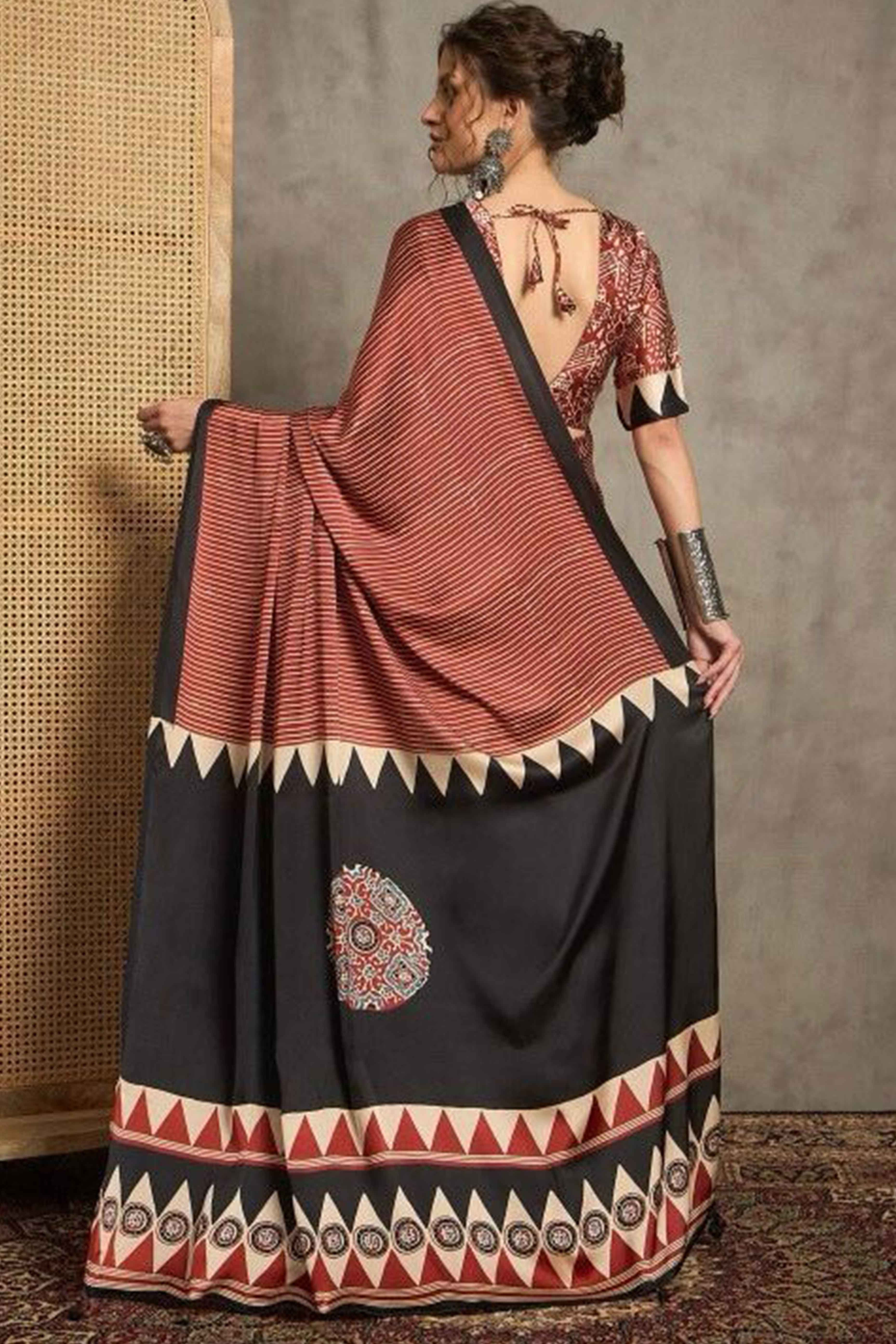 Maroon Ajrakh Print Satin Saree with Traditional Charm