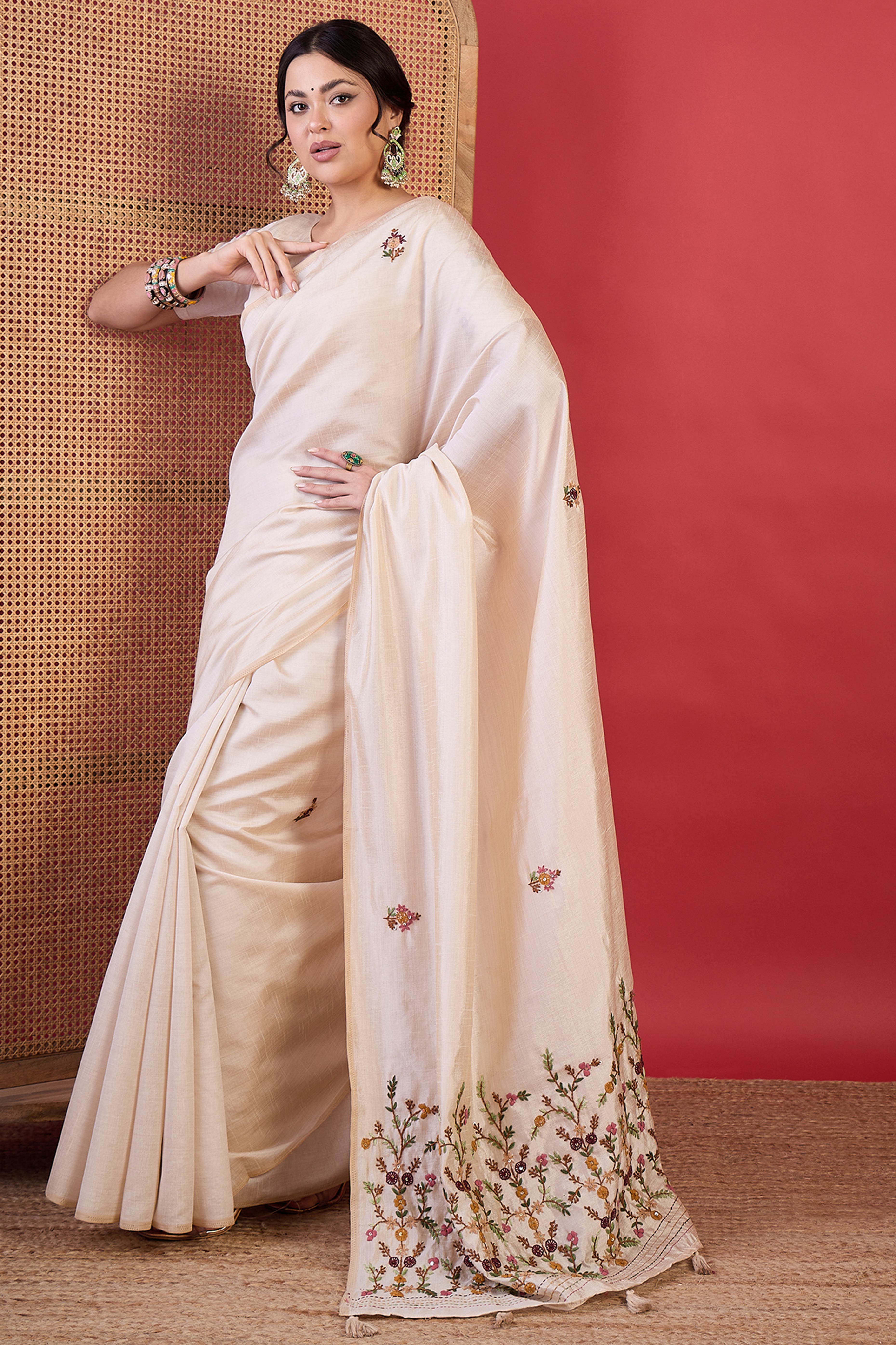 Cream Premium Festive Wear Tussar Silk Saree with Elegant Thread Work