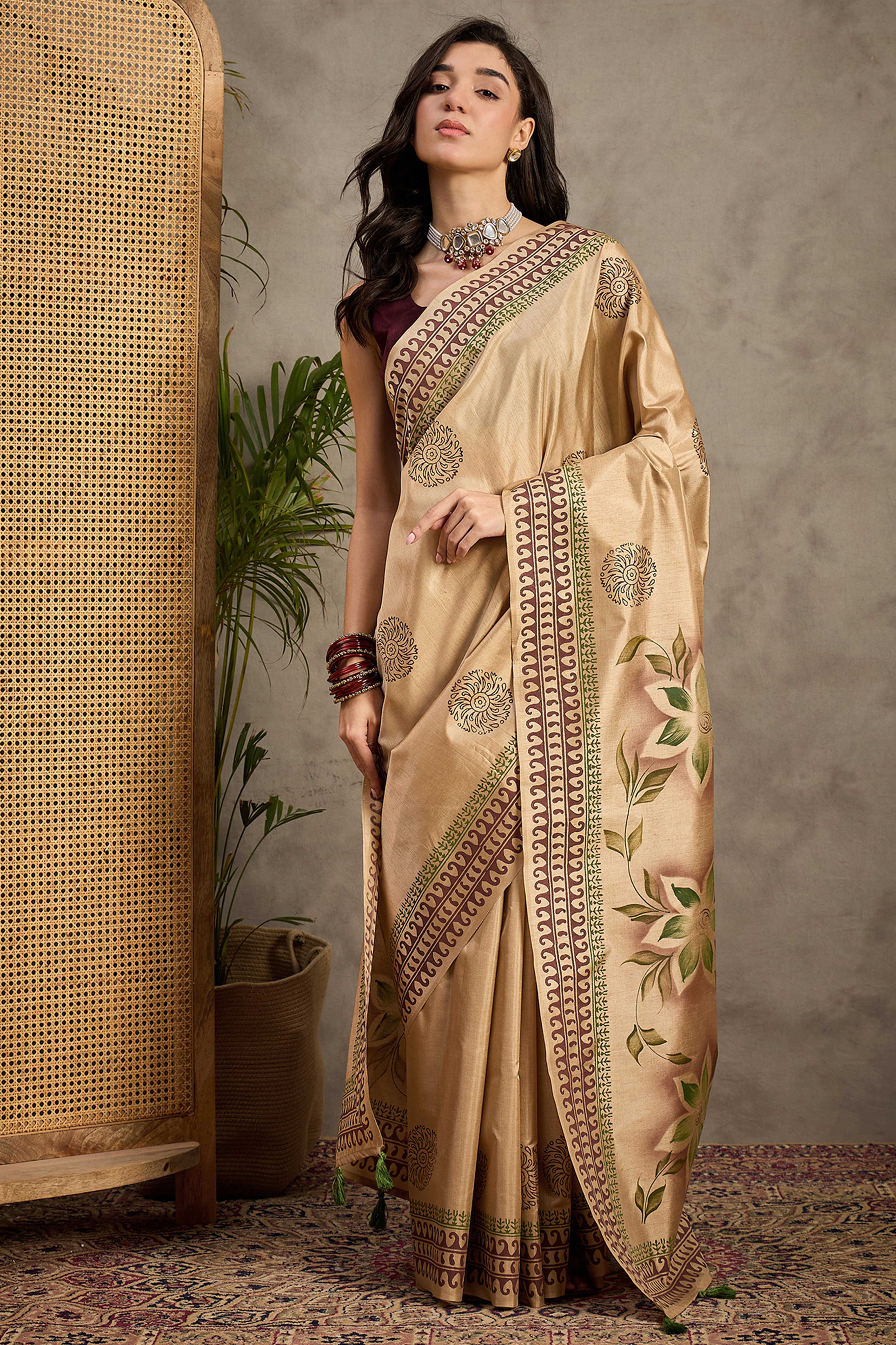 Graceful Beige Floral Printed Kozi Cotton Silk Saree Featuring Tassel Accents Pallu