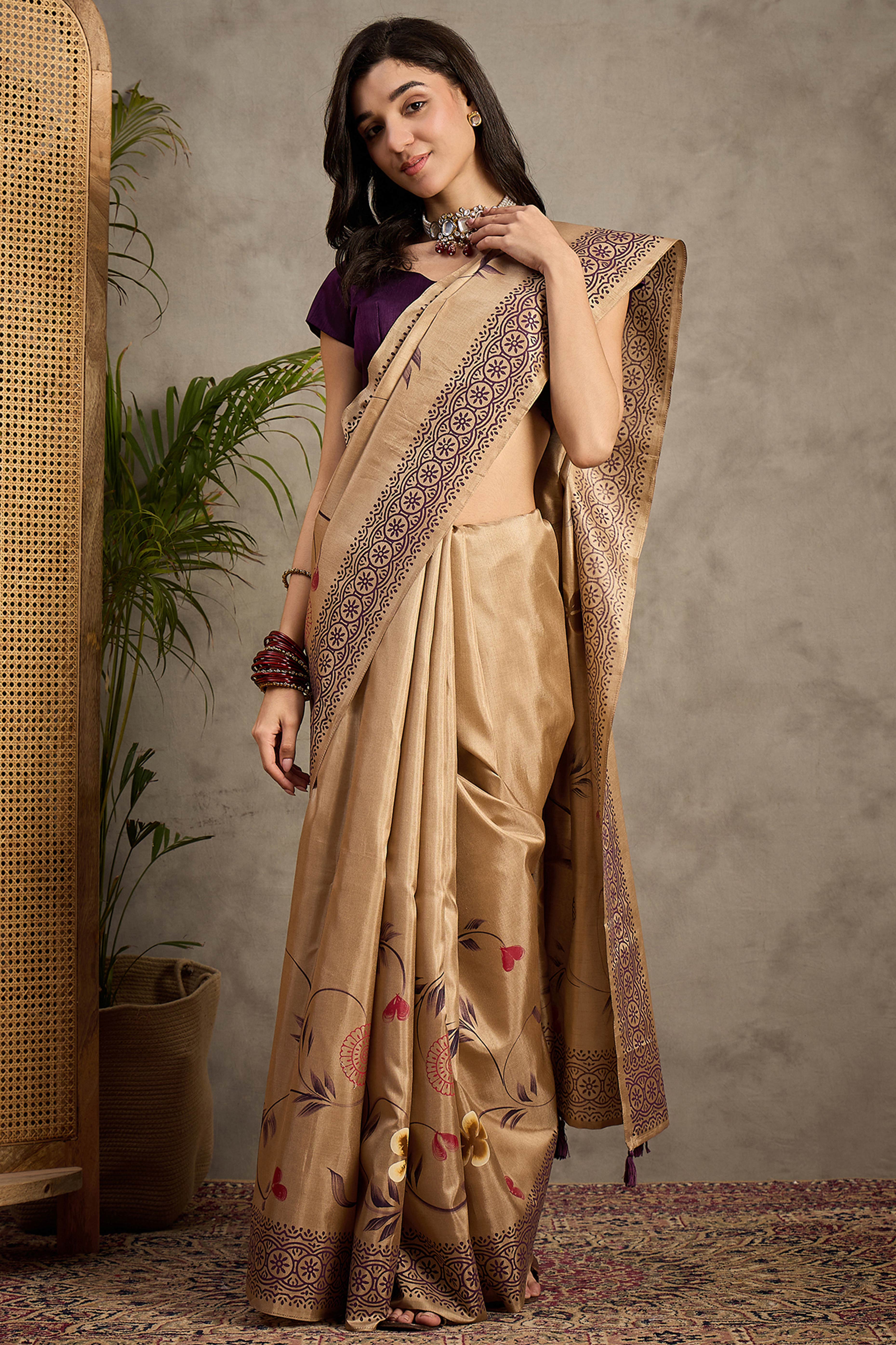 Classic Beige Floral Printed Kozi Cotton Silk Saree With Chic Tassel Embellishment Pallu