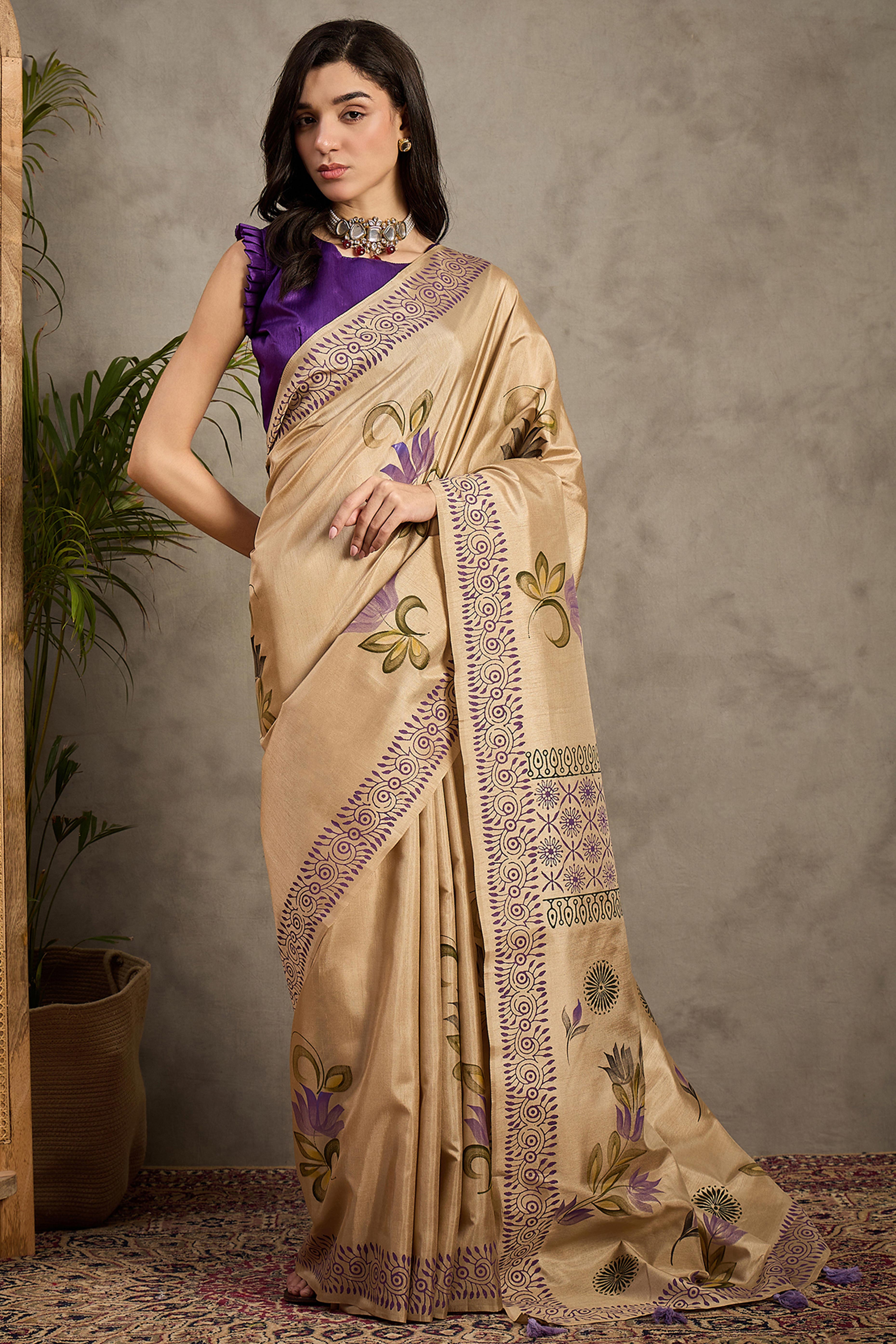 Timeless Beige Floral Printed Kozi Cotton Silk Saree Enhanced With Playful Tassel Pallu
