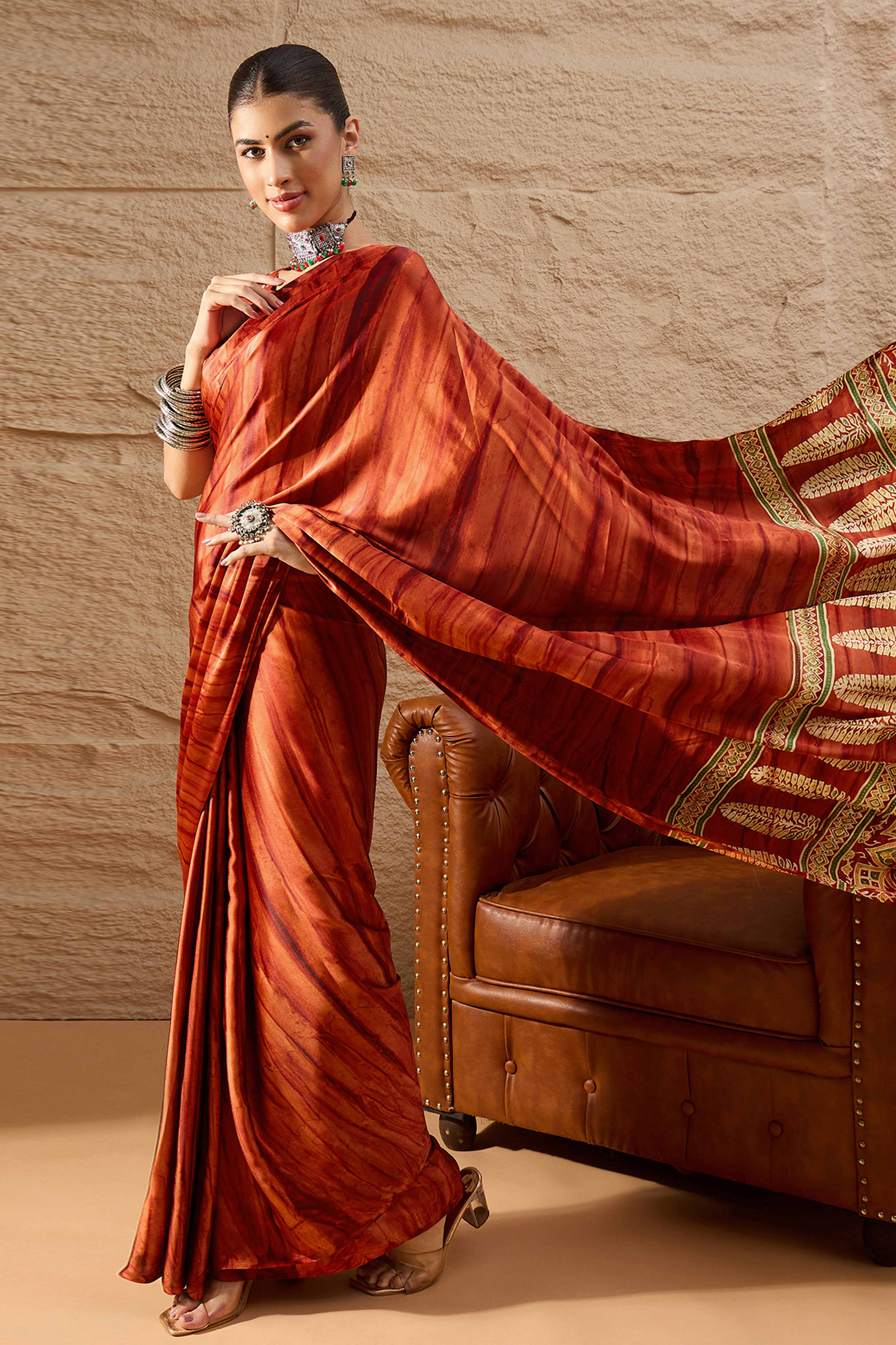 Ajrakh Print Rust Satin Saree with Ethnic Appeal