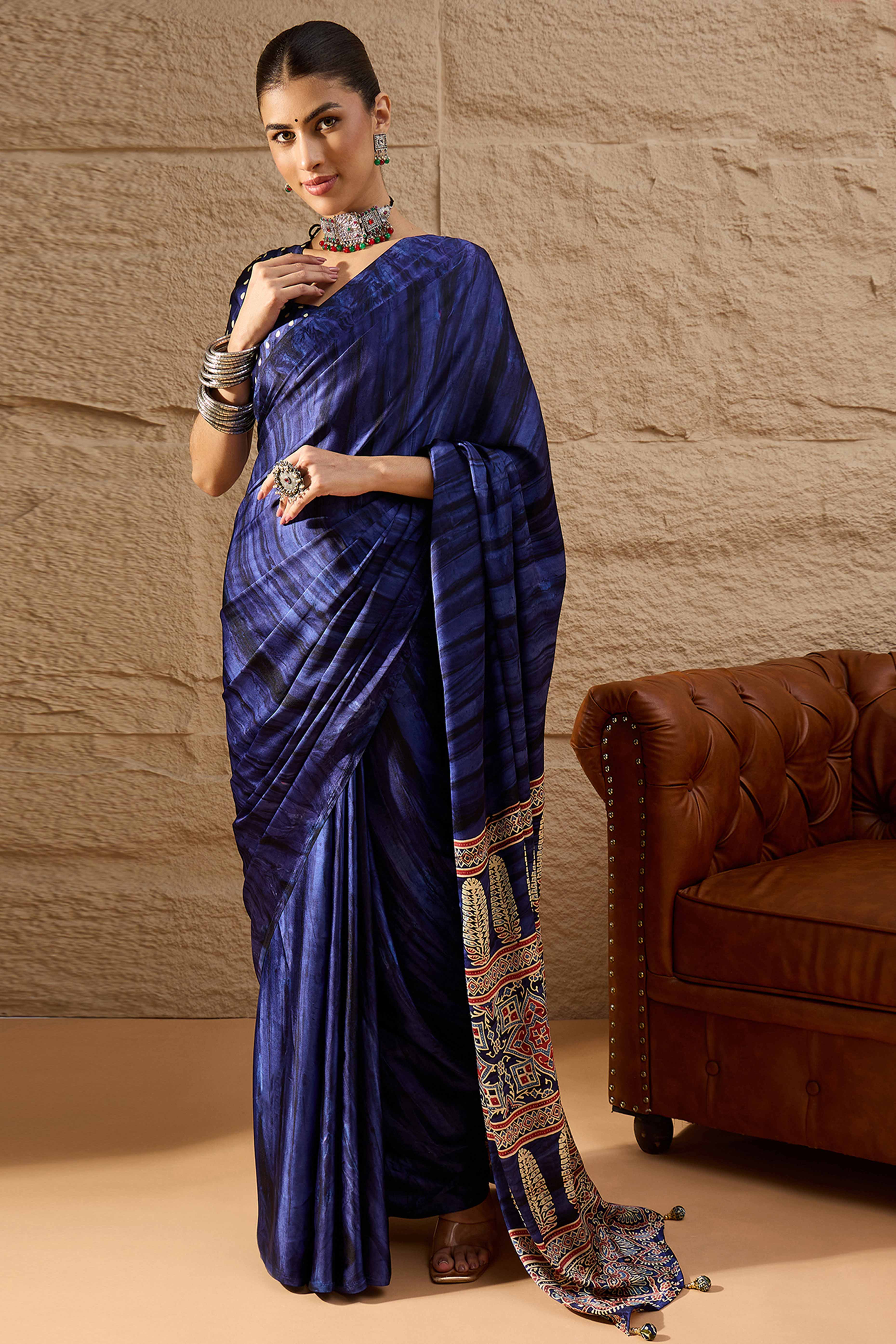 Ajrakh Print Violet Satin Saree with Ethnic Appeal