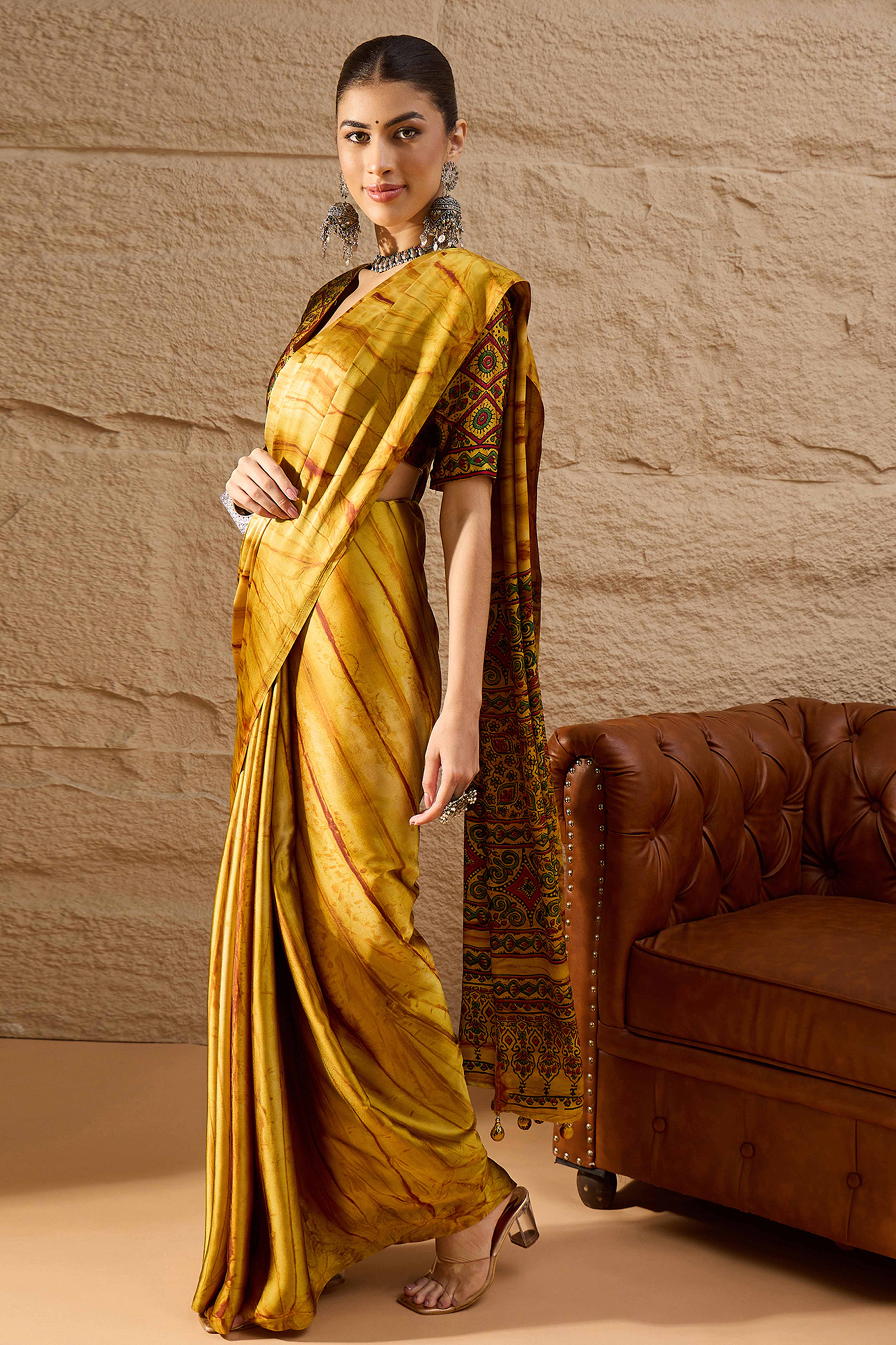 Ajrakh Print Mustard Satin Saree with Ethnic Appeal