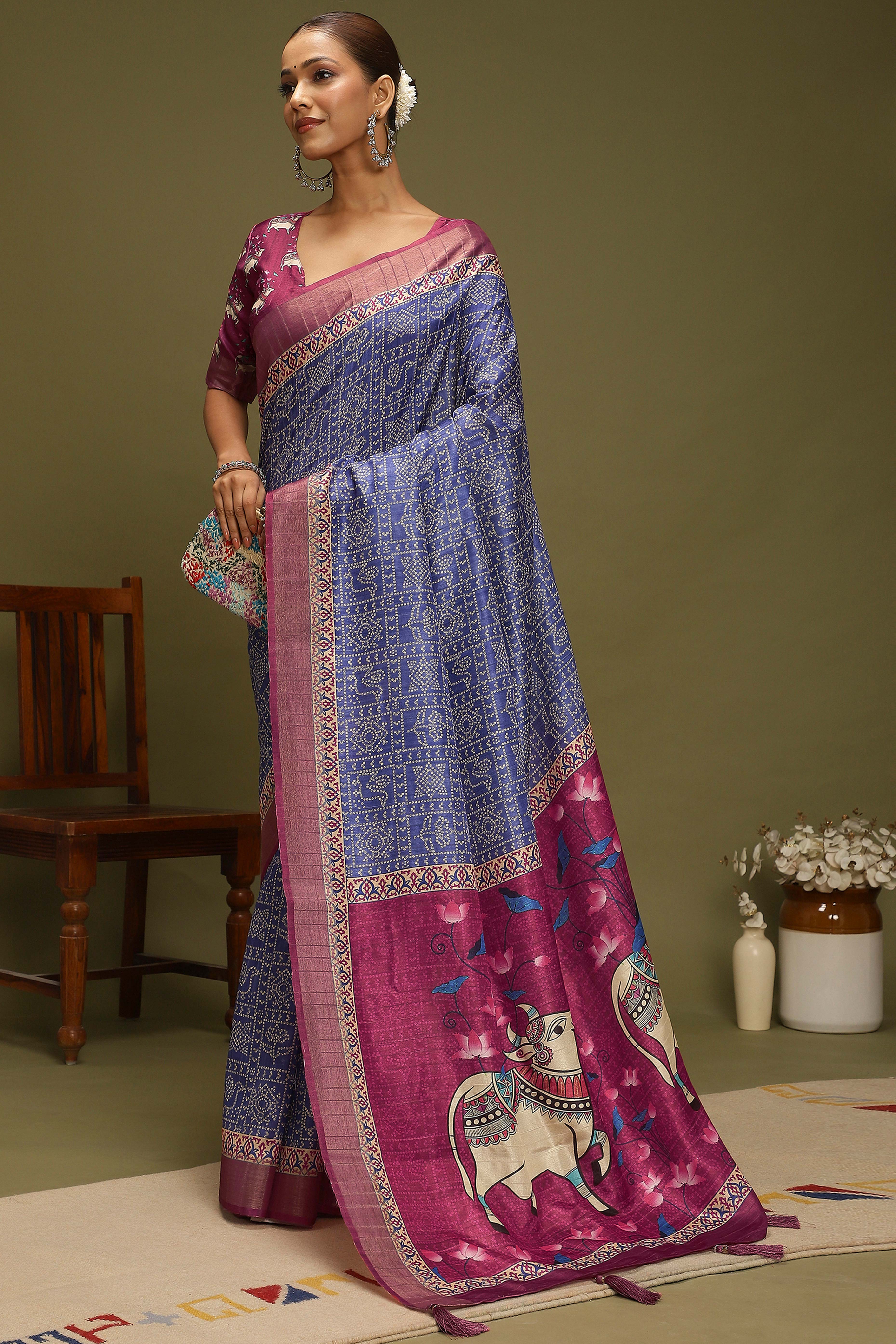 Blue Silk Blend Saree Decorated with Vibrant Bandhani Prints and Festive Detailing