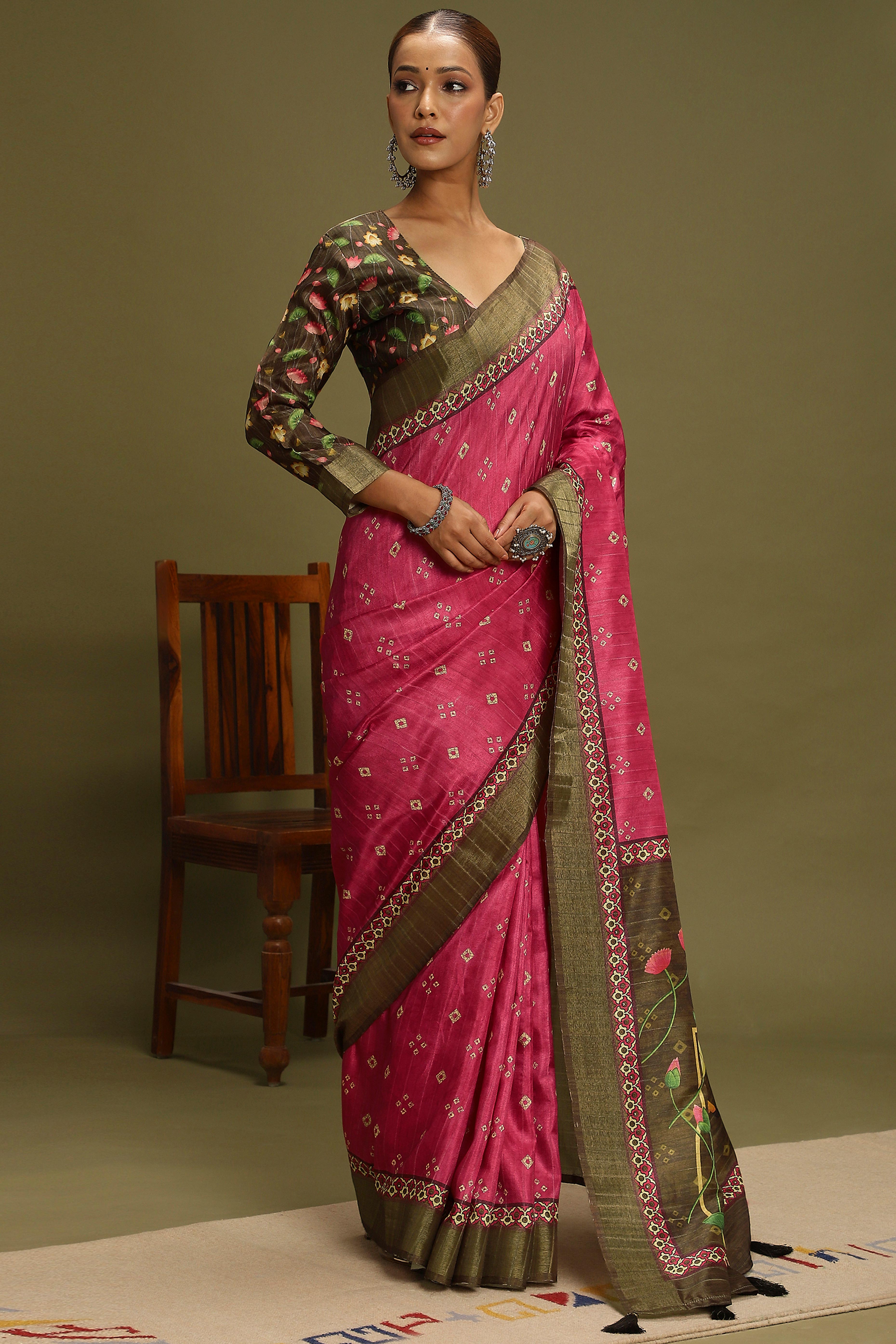 Dark Pink Silk Blend Saree Decorated with Vibrant Bandhani Prints and Festive Detailing