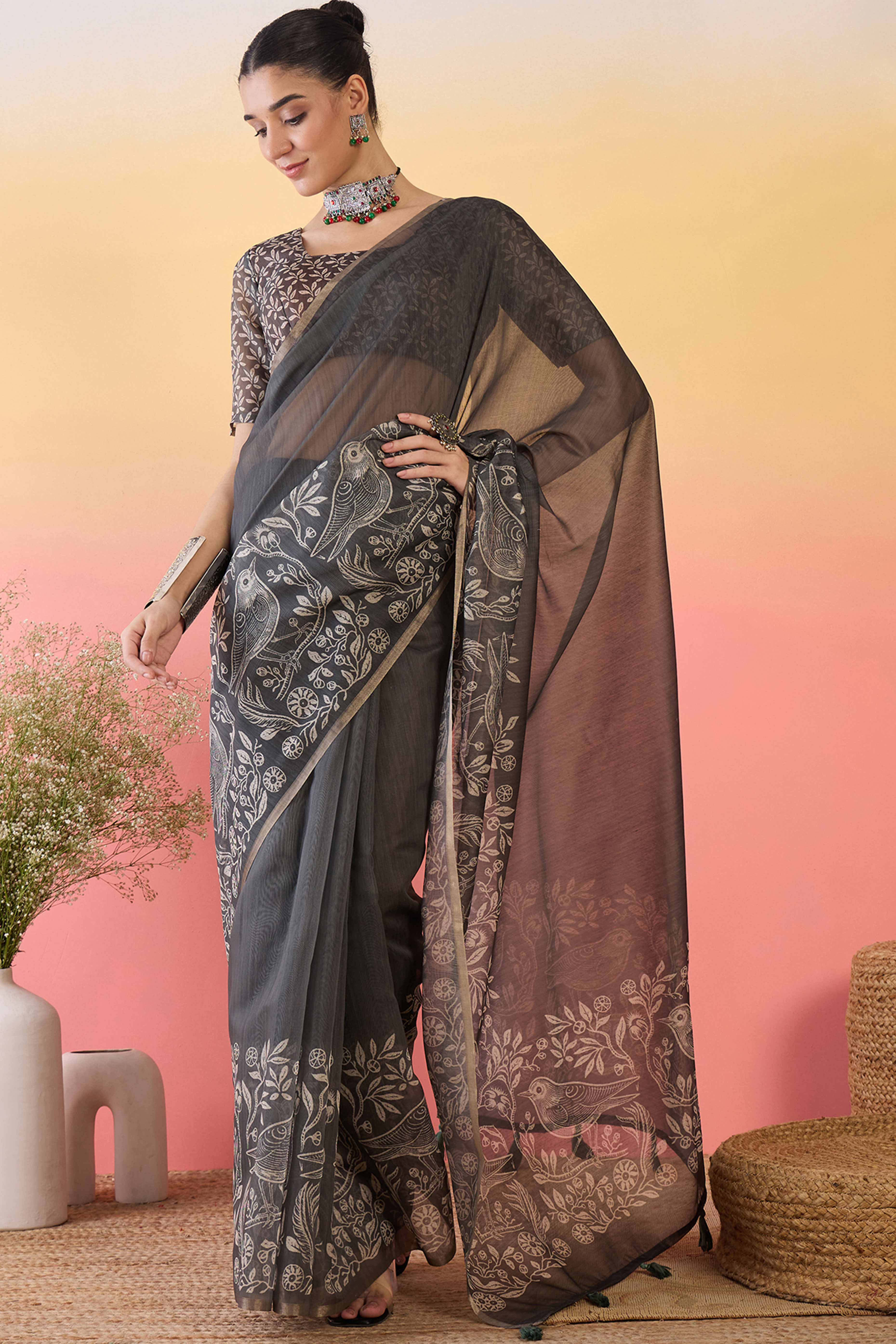 Dark Grey Linen Cotton Saree Featuring Elegant Floral & Bird Prints With Tassel Pallu