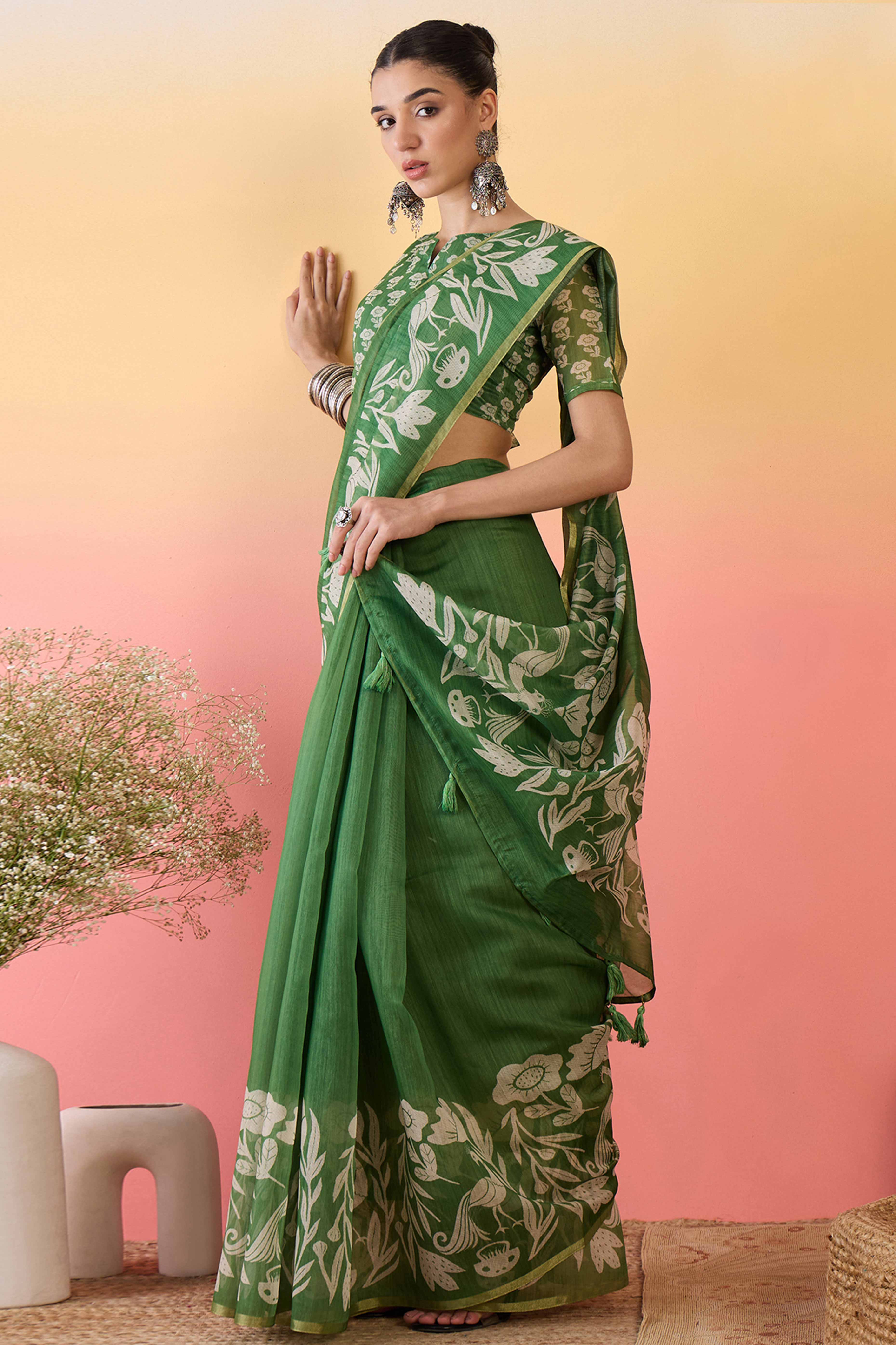 Green Linen Cotton Saree Featuring Elegant Floral & Bird Prints With Tassel Pallu