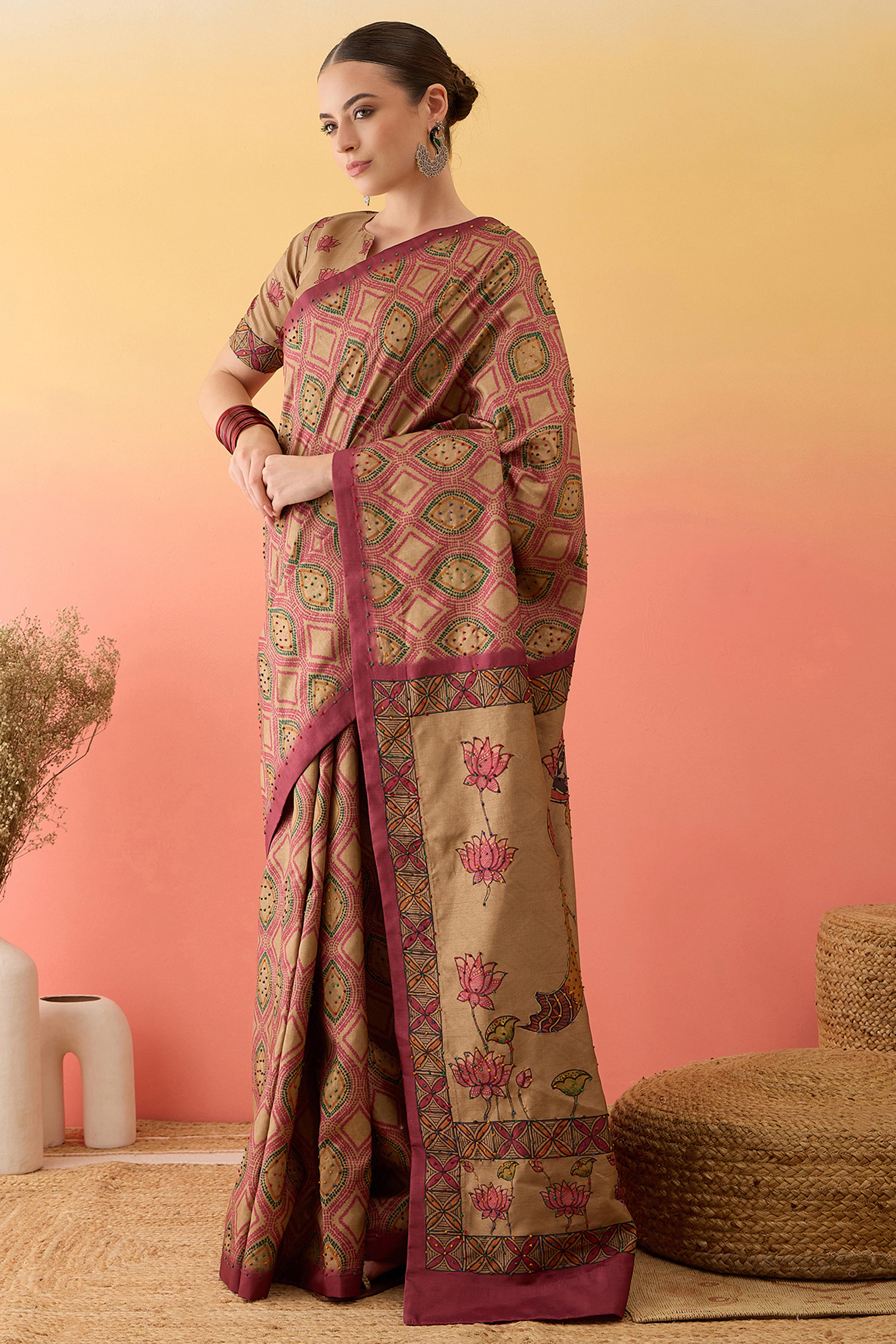 Beige Kalamkari Style Printed Cotton Silk Saree Knot Work Tassels Ethnic Wear