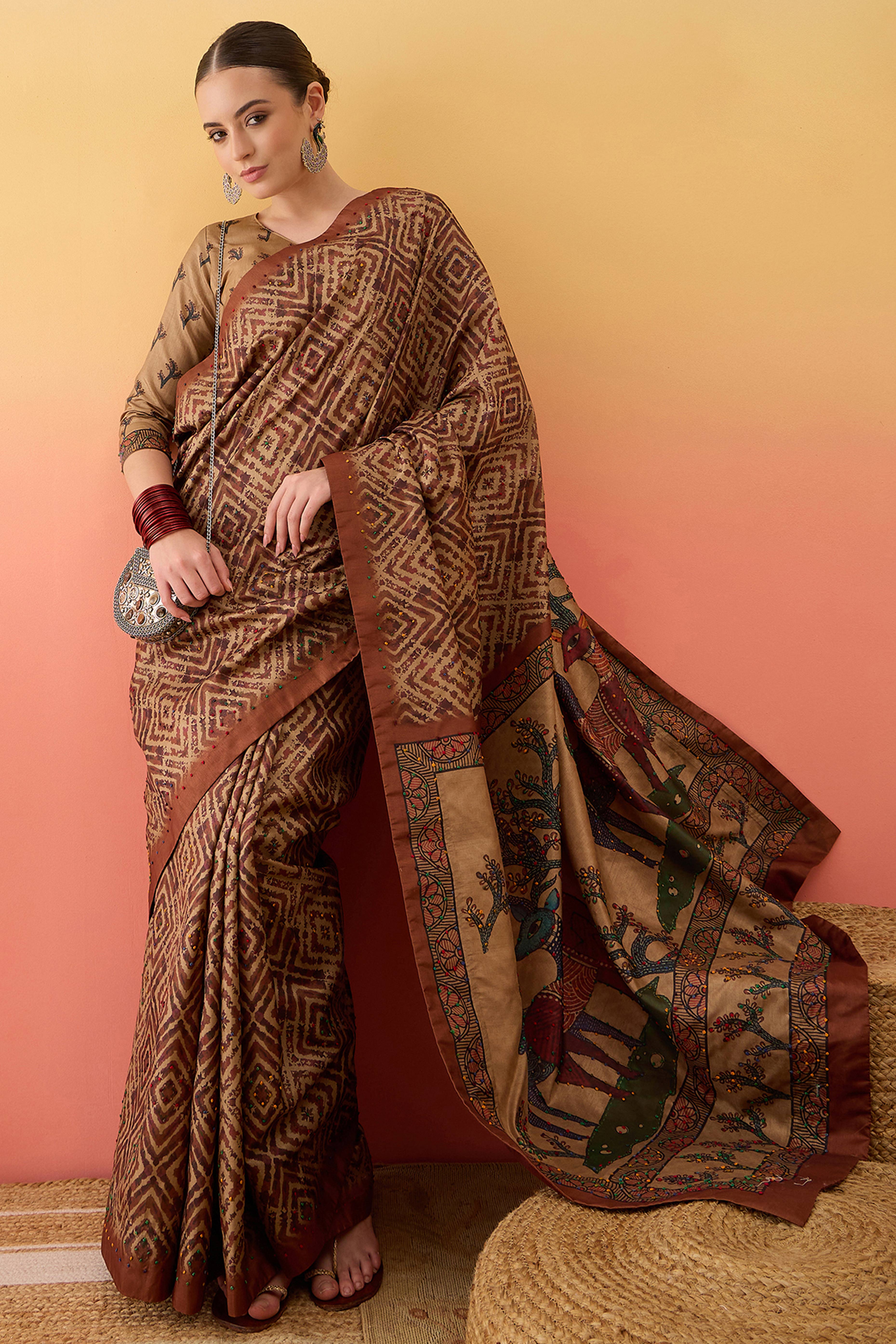 Beige Cotton Silk Saree Traditional Kalamkari Style Print Knot Work Ethnic Elegance
