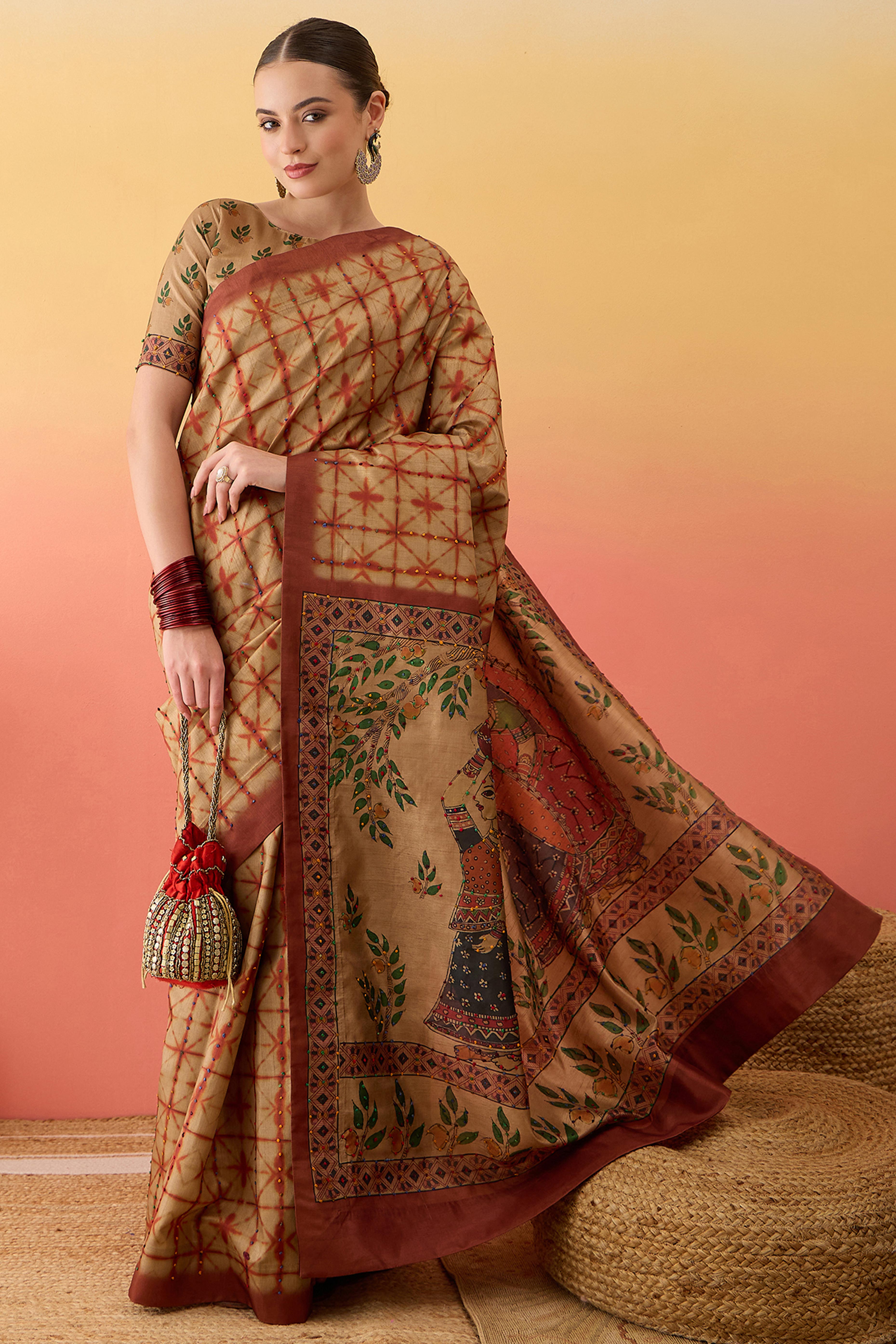 Beige Printed Kalamkari Cotton Silk Saree Flowy Drape Knot Detailing Traditional Grace