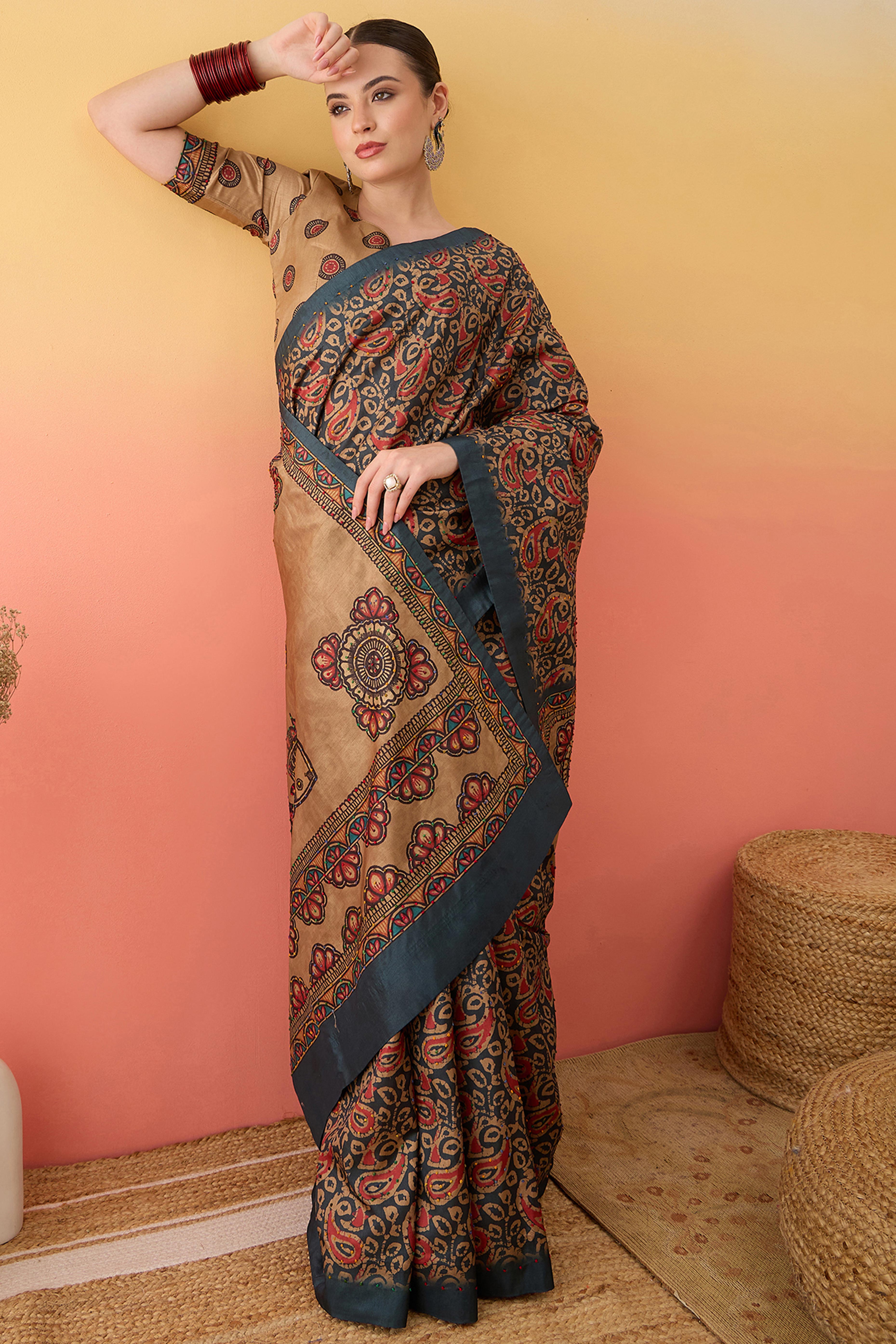 Grey Printed Kalamkari Cotton Silk Saree Exquisite Knot Work Detailing Ethnic Charm