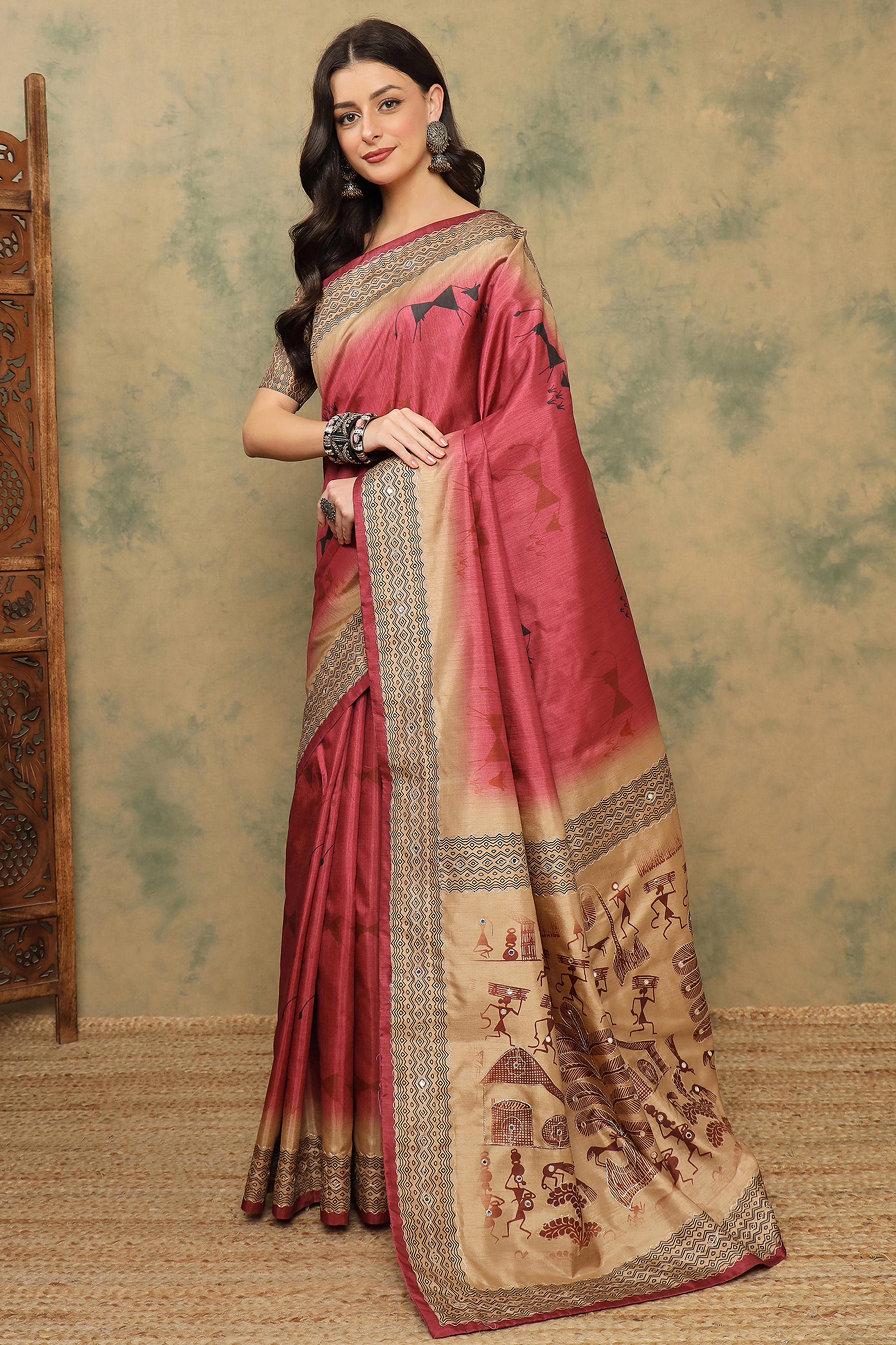 Red Warli Folk Art Printed Cotton Silk Saree Flowy Drape Festive Wear