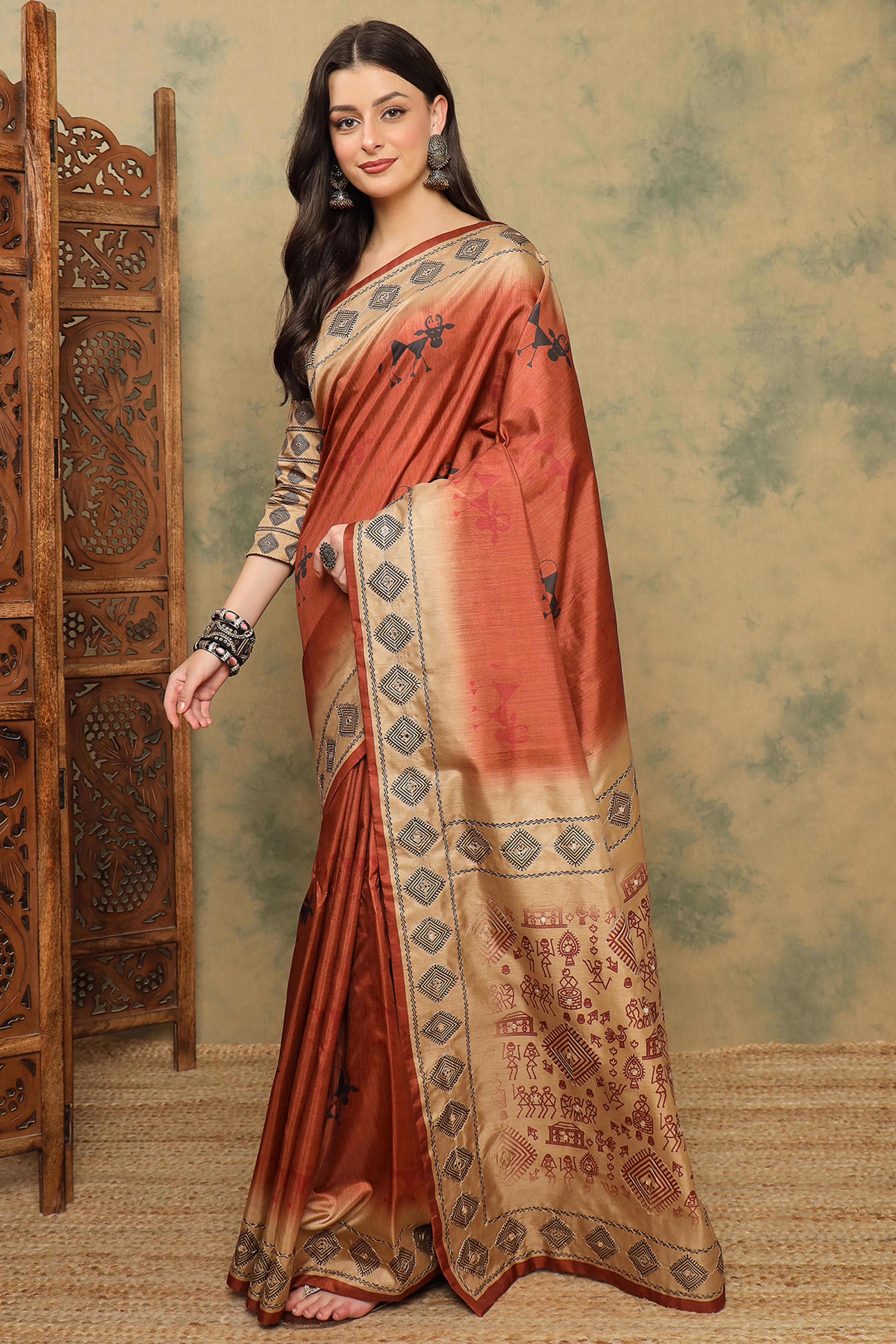 Rust Warli Folk Art Printed Cotton Silk Saree Flowy Drape Festive Wear