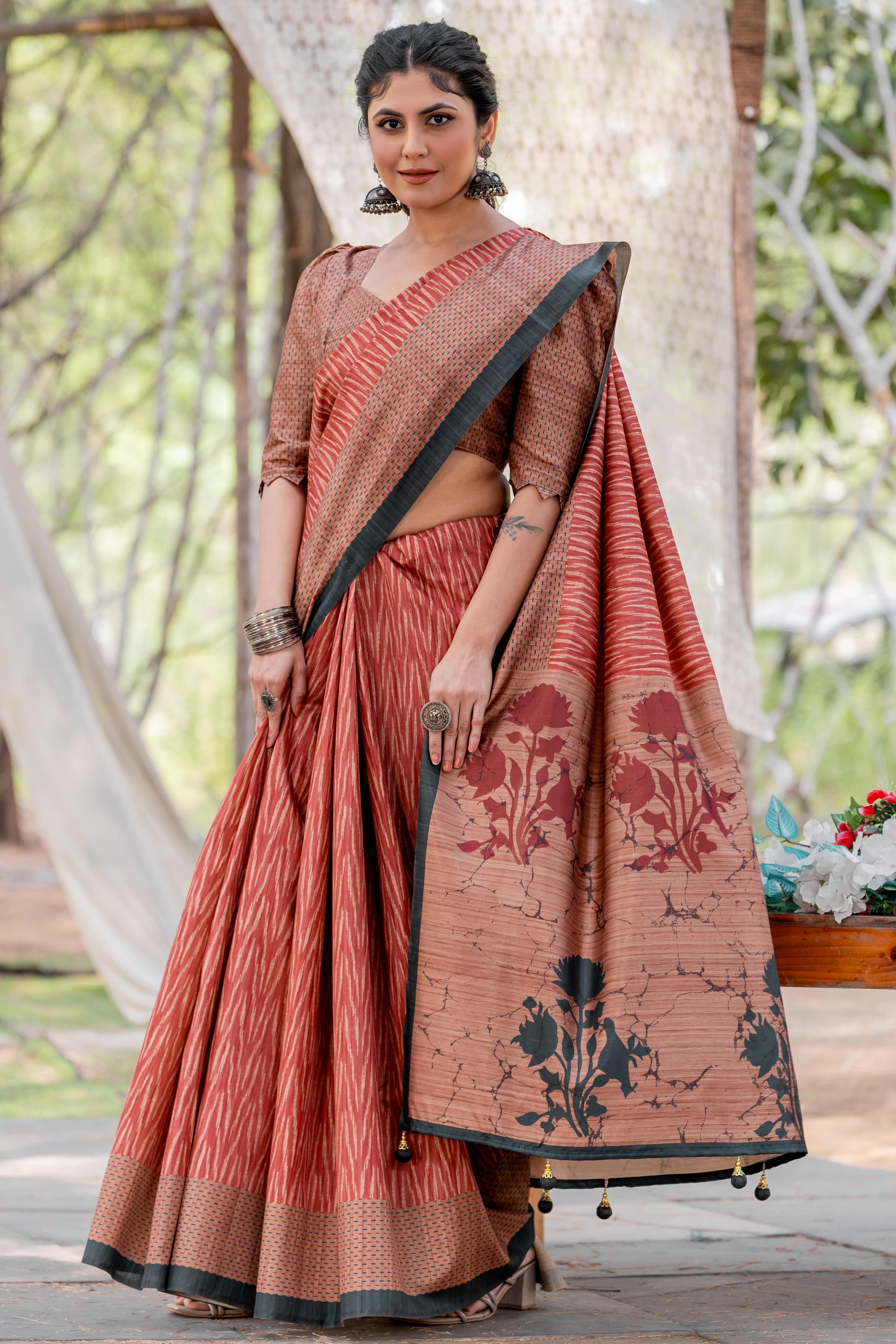 Maroon Kozi Cotton Silk Saree Showcasing Digital Prints and Soft Tassel Edging