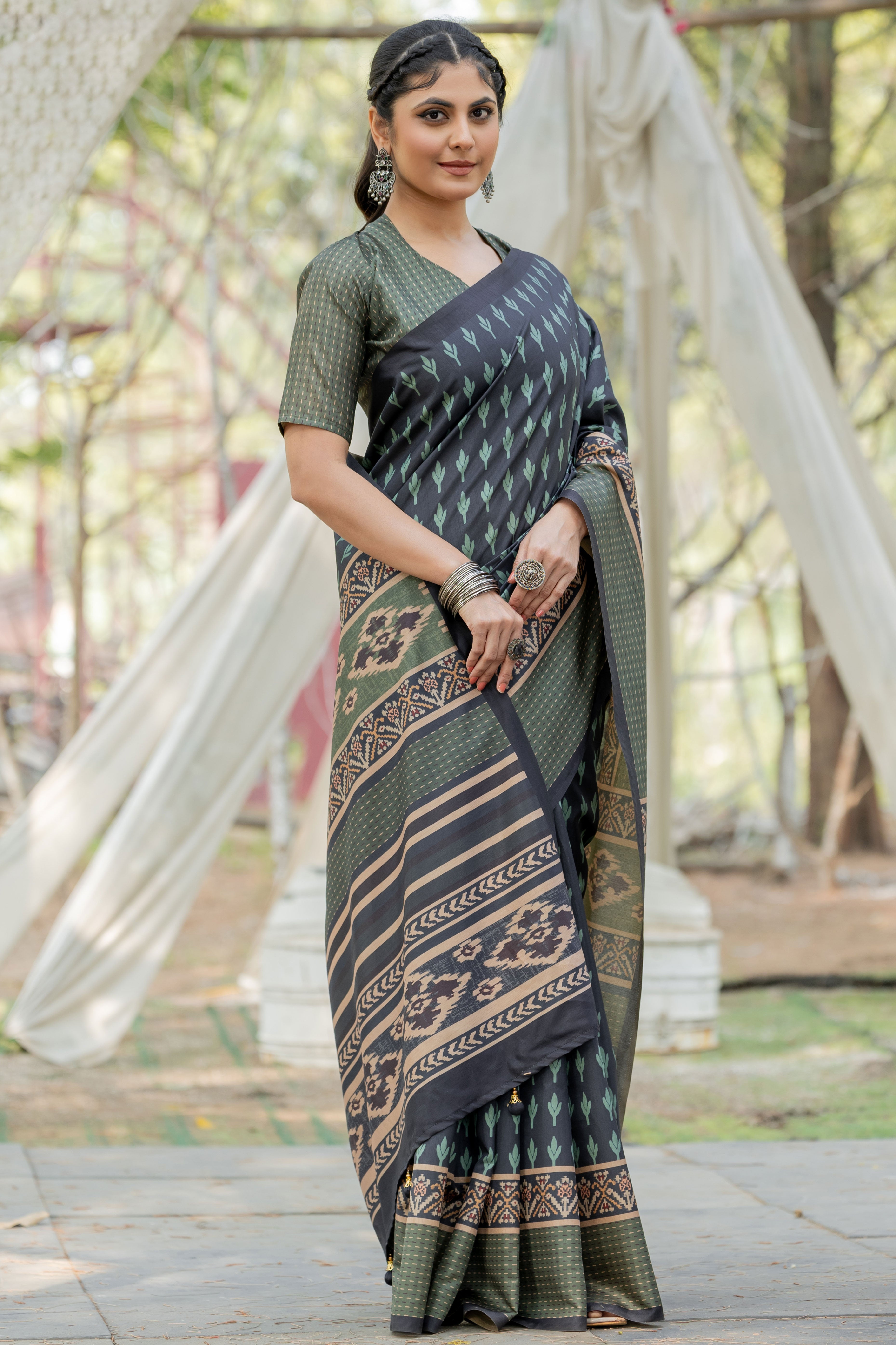 Navy Blue Kozi Cotton Silk Saree Showcasing Digital Prints and Soft Tassel Edging