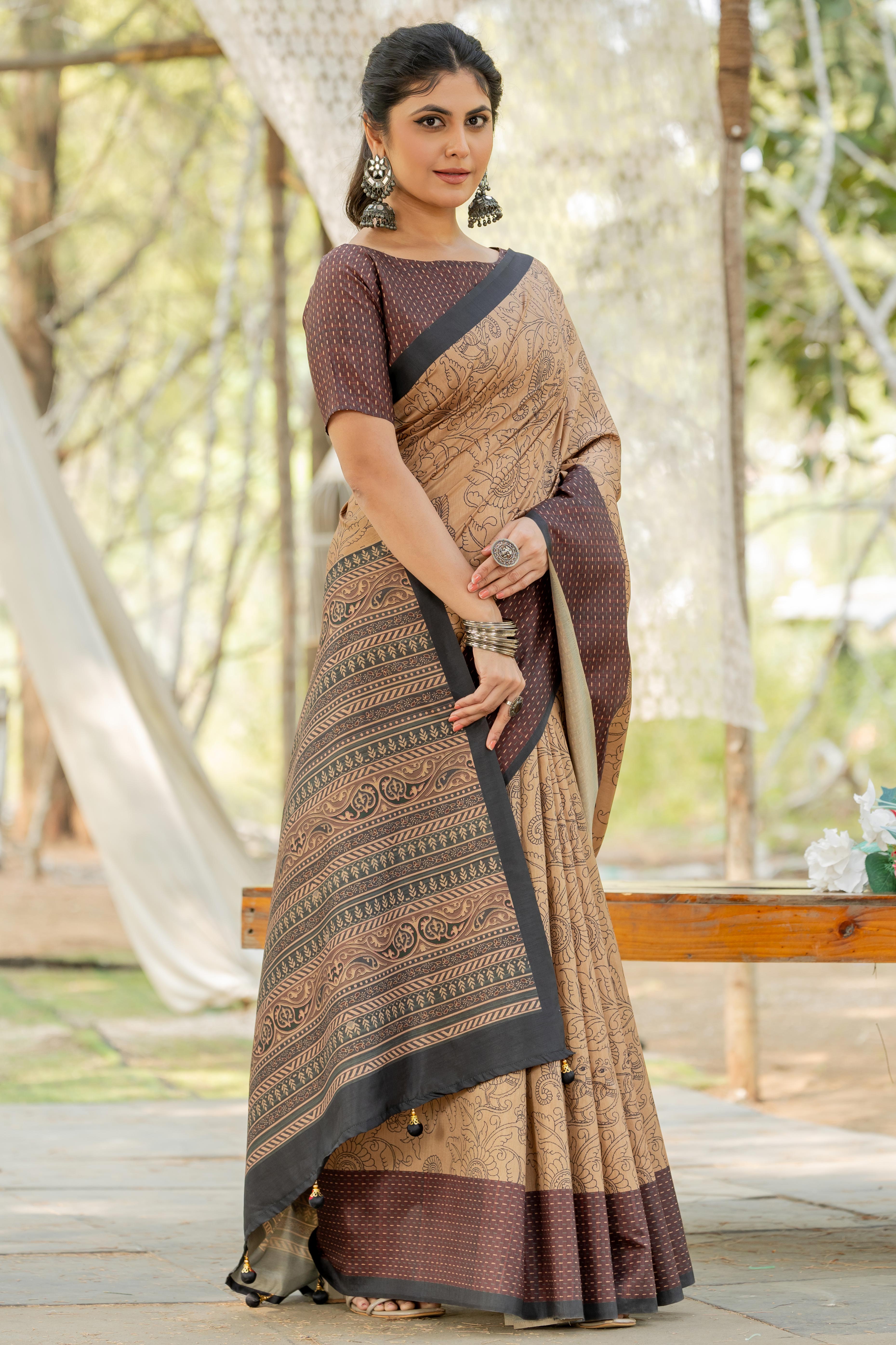 Beige Kozi Cotton Silk Saree Showcasing Digital Prints and Soft Tassel Edging