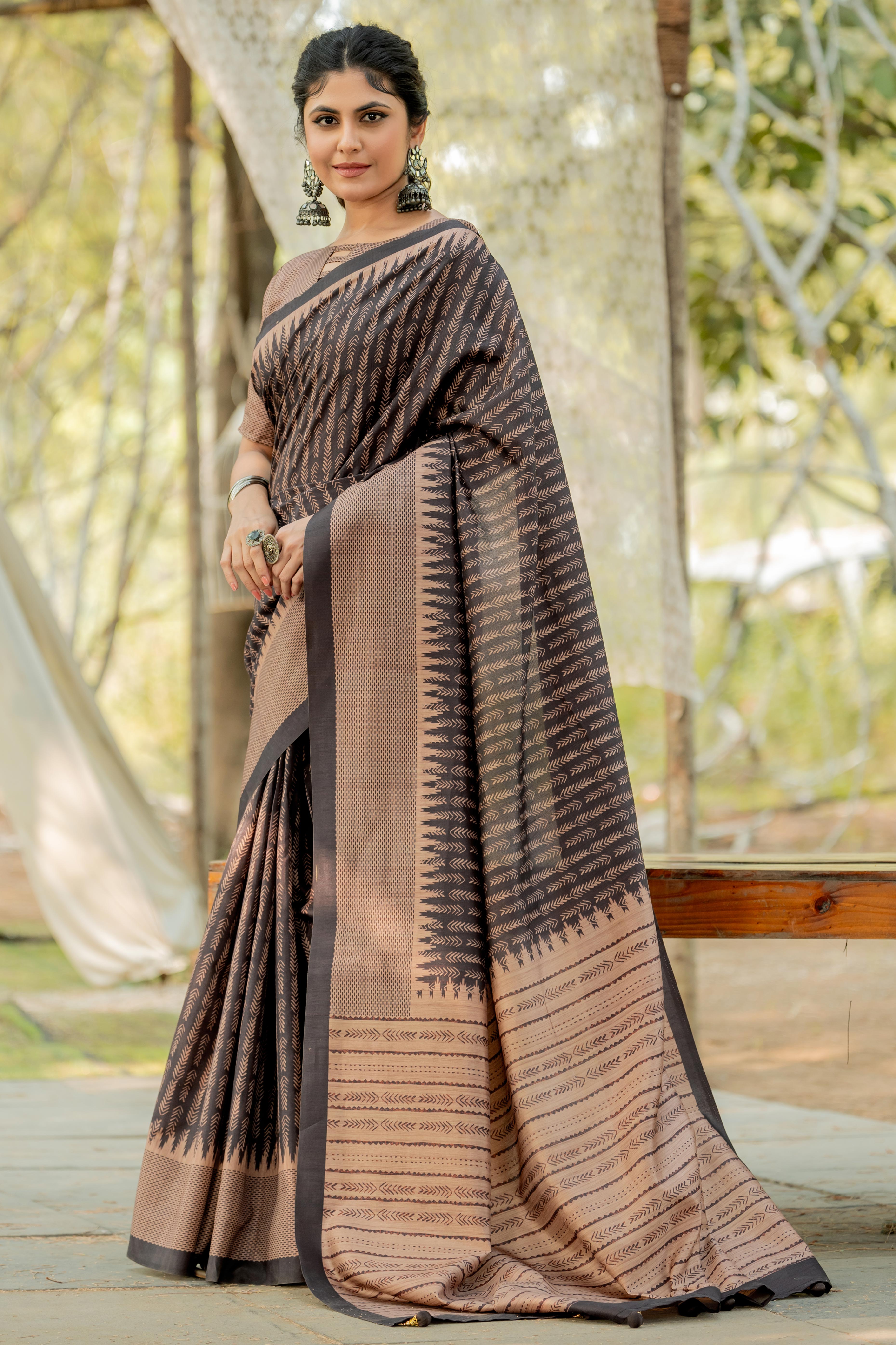 Black Kozi Cotton Silk Saree Indicating Digital Prints and Soft Tassel Edging