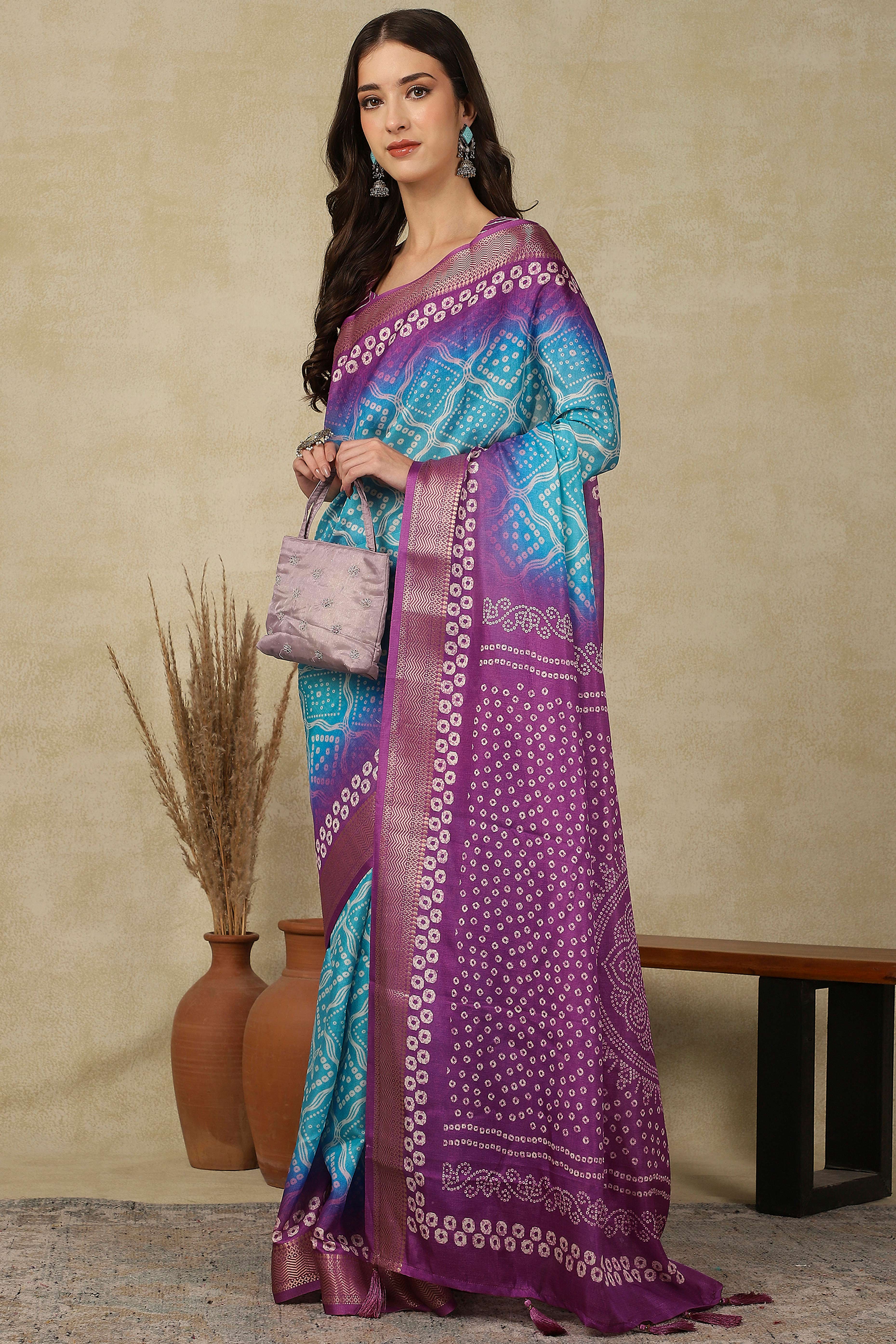 Luxury Blue & Purple Bandhani Print Cotton Silk Saree Featuring Weaving Border & Tassel Pallu