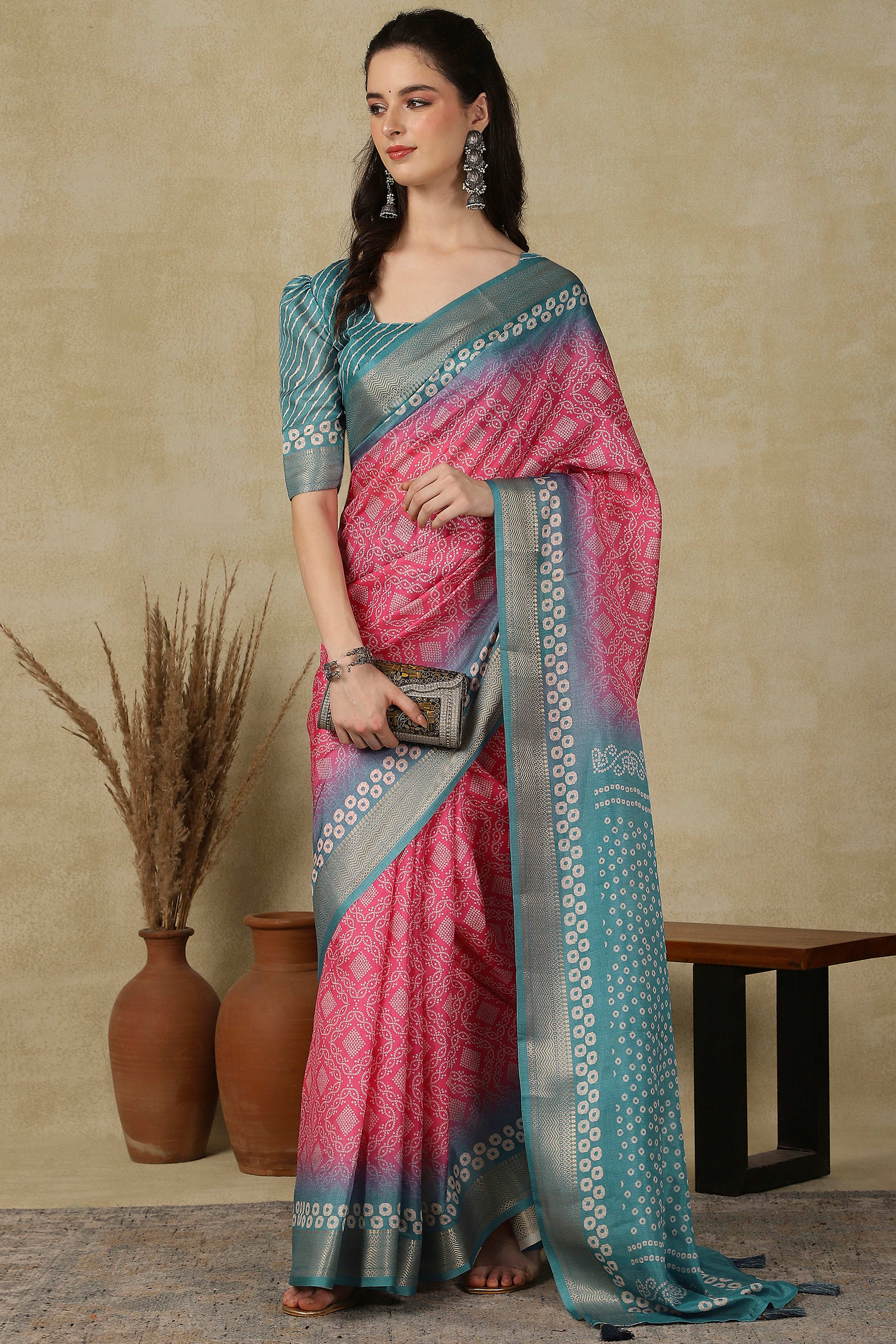 Luxury Pink & Teal Bandhani Print Cotton Silk Saree Featuring Weaving Border & Tassel Pallu