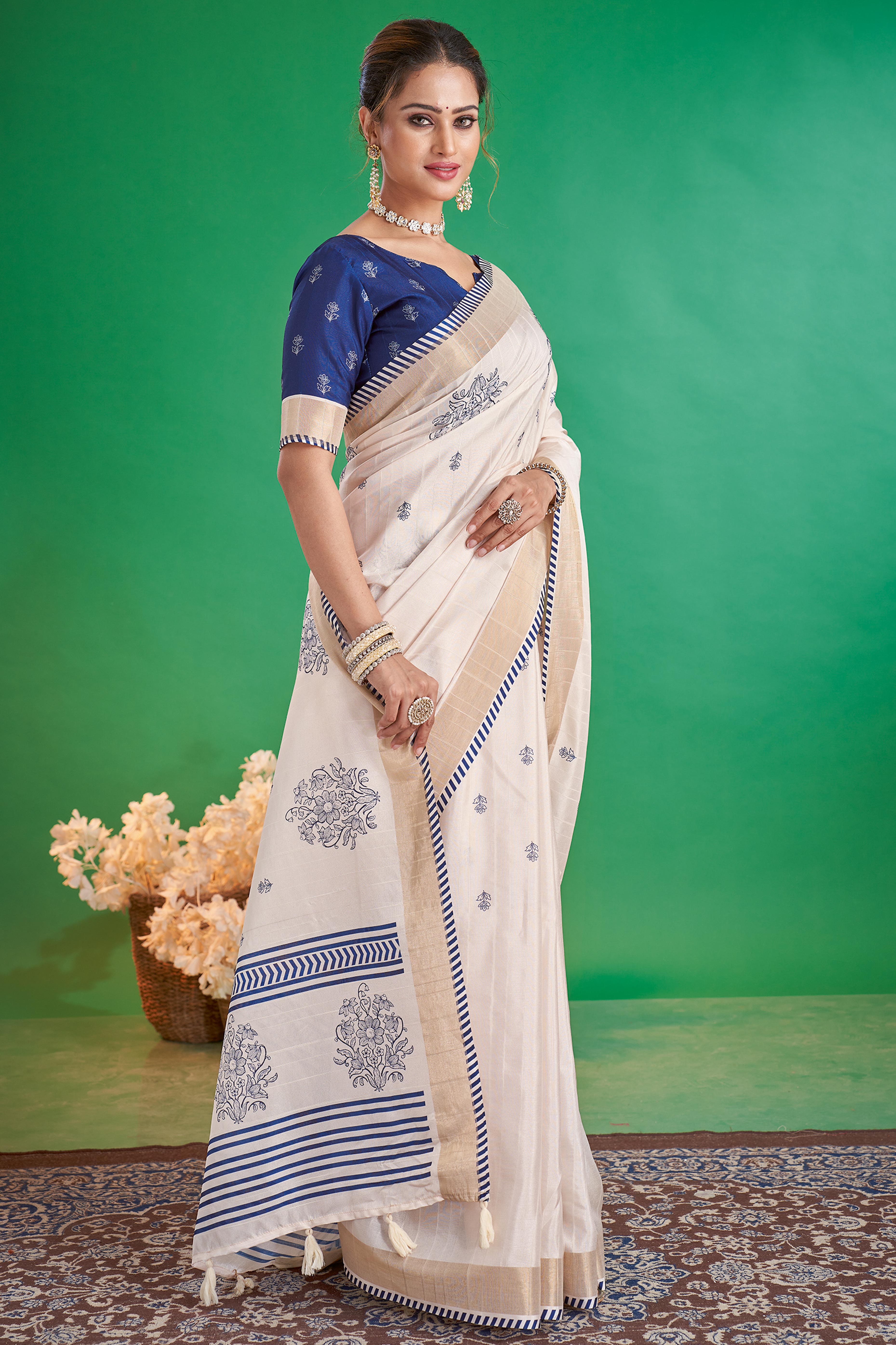 Charming Offwhite & Navy Blue Floral Printed Kotha Cotton Silk Saree Adorned With Tassel Pallu