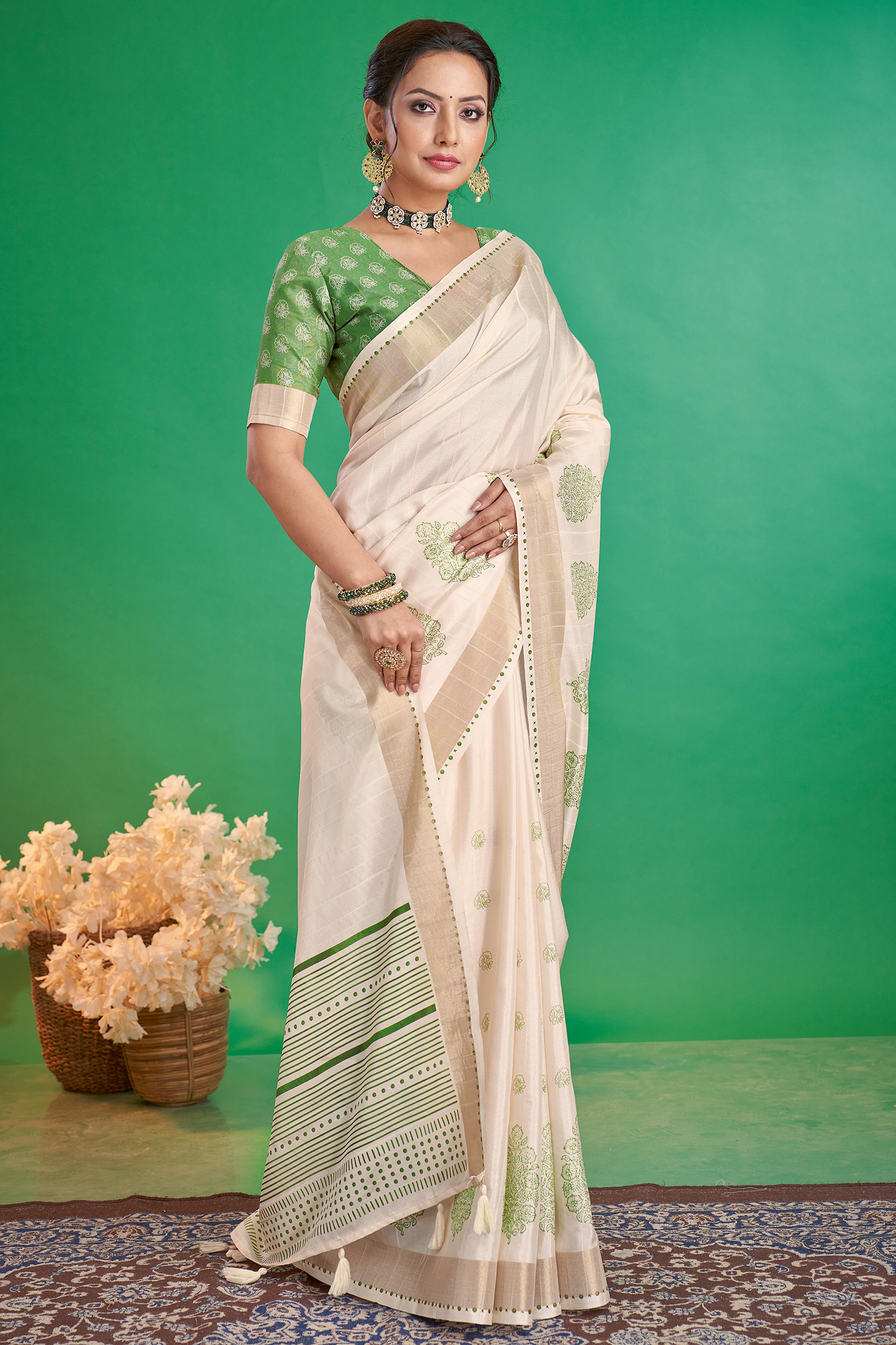 Charming Offwhite & Green Floral Printed Kotha Cotton Silk Saree Adorned With Graceful Tassel Pallu