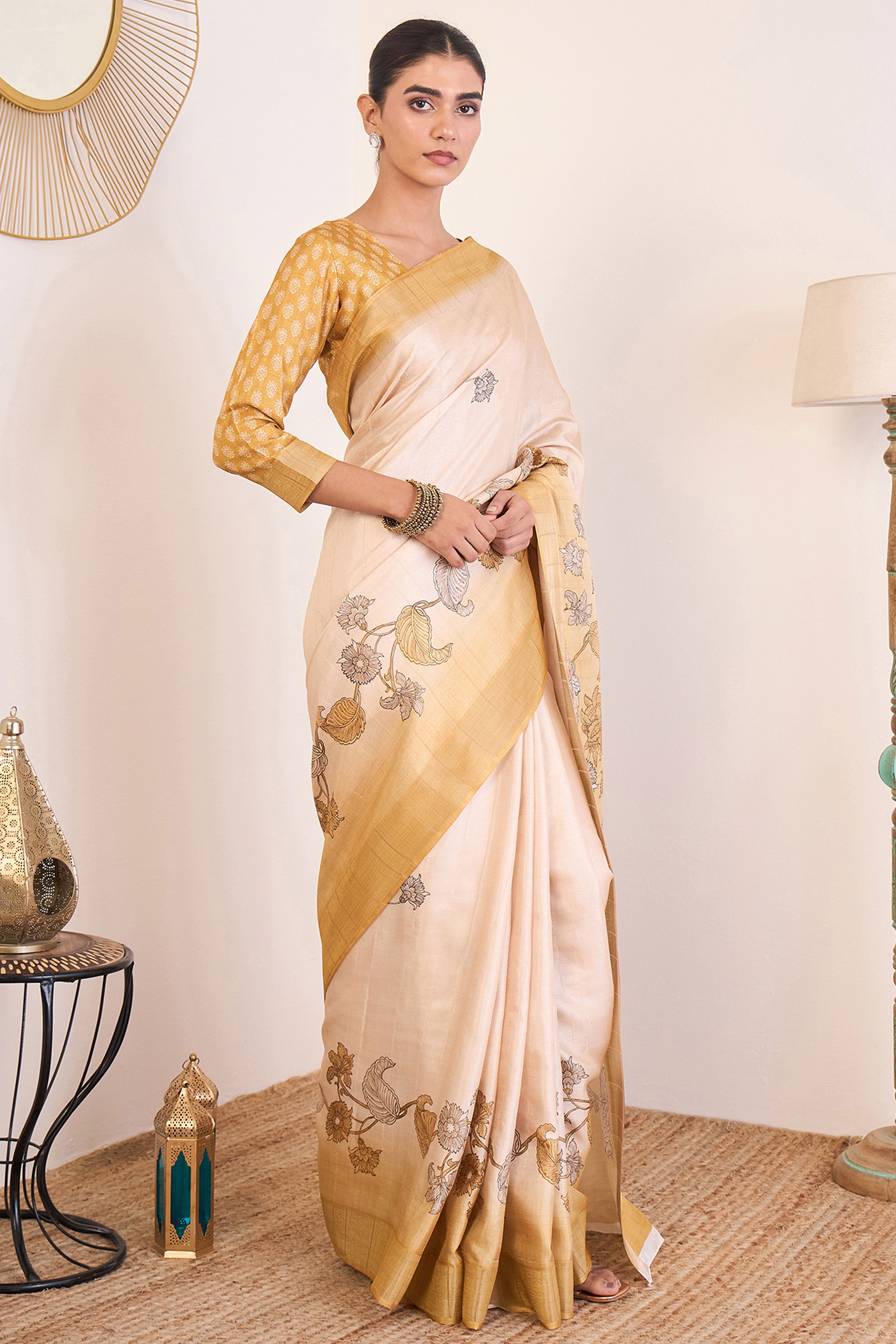 Elegant Light Mustard Floral Printed Kotha Cotton Silk Saree Reflecting Subtle Sophistication