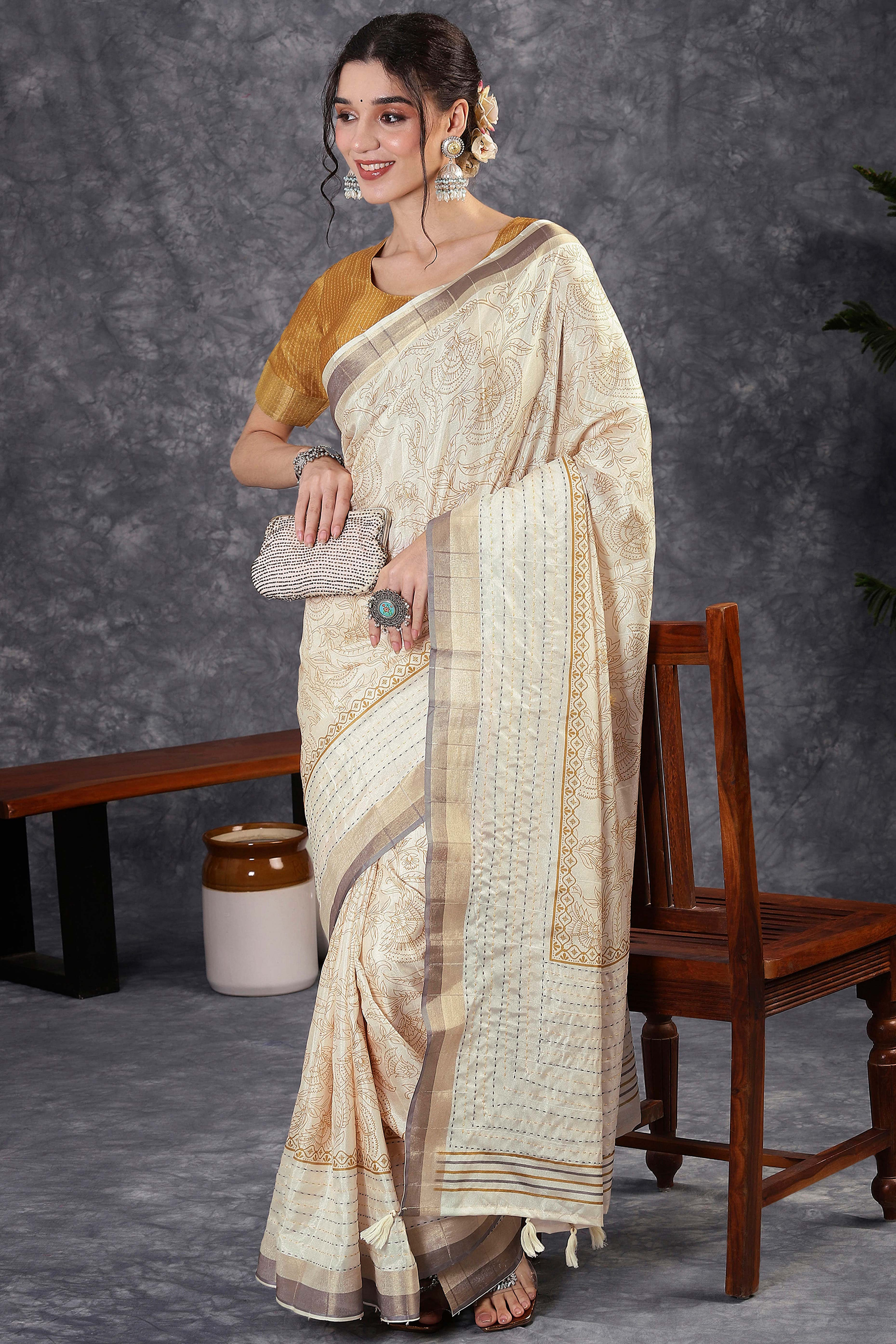 Offwhite & Mustard Floral Printed Kotha Cotton Silk Saree With Beautifully Crafted Katha Embroidery