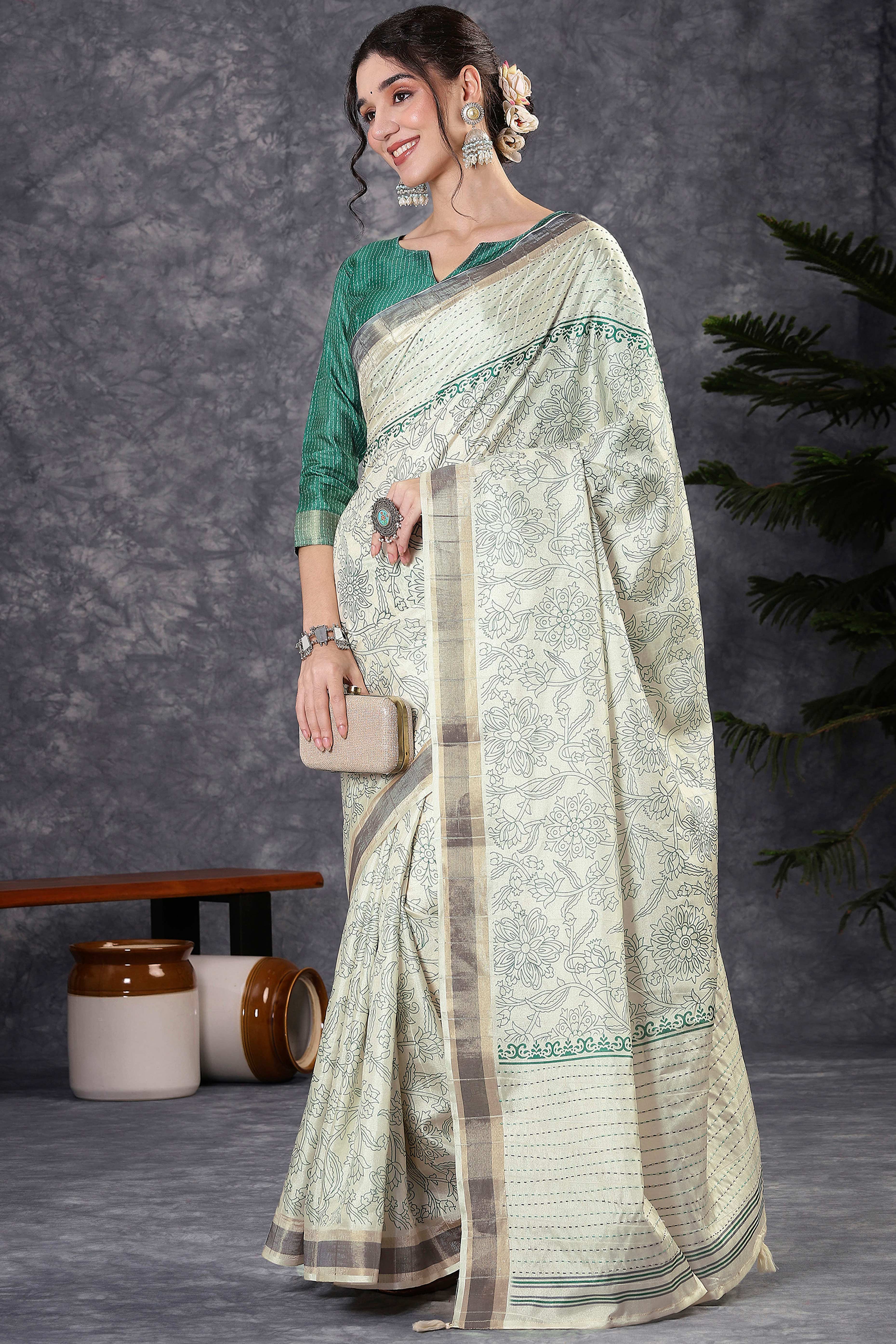 Offwhite & Rama Floral Printed Kotha Cotton Silk Saree With Beautifully Crafted Katha Embroidery