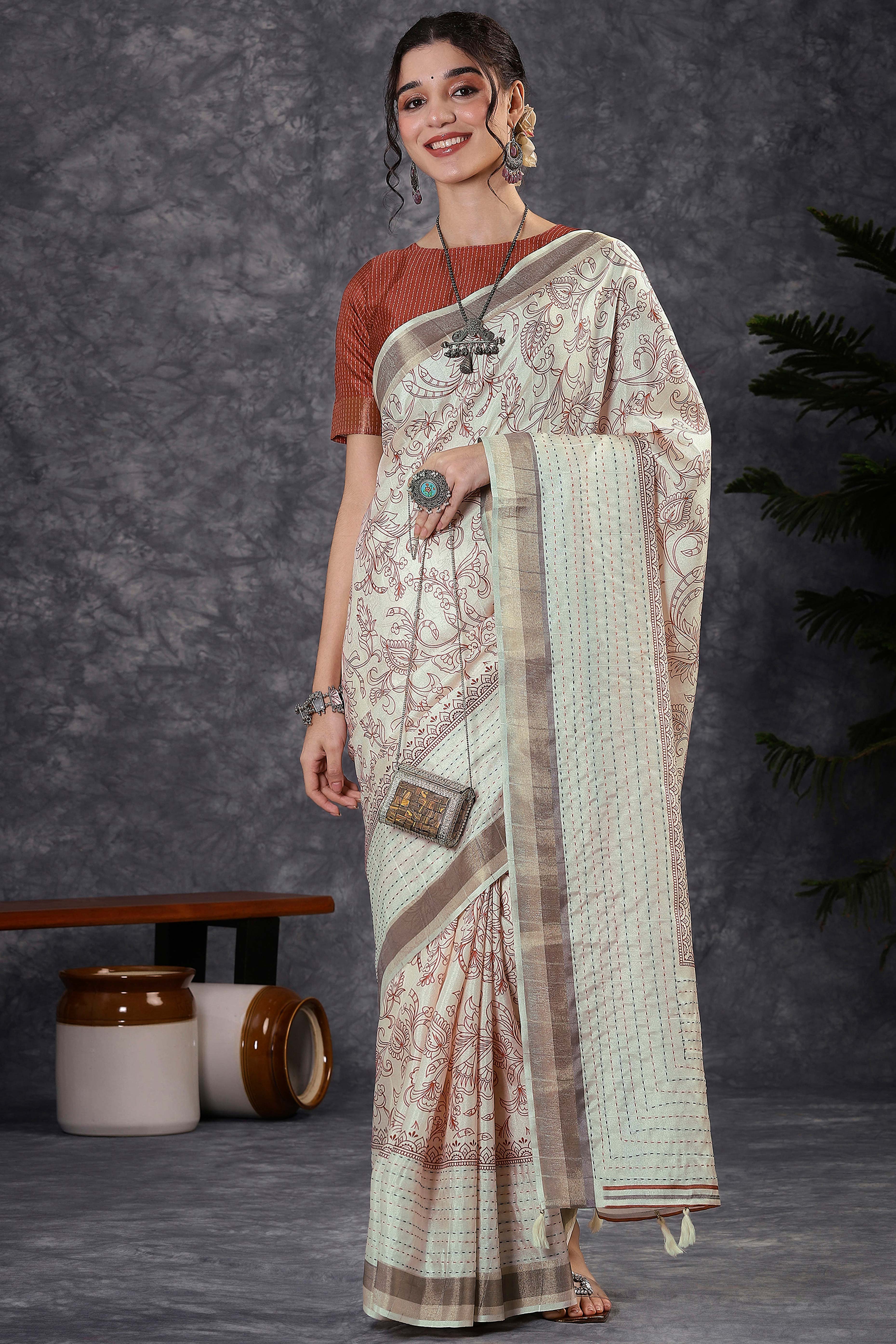 Offwhite & Rust Floral Printed Kotha Cotton Silk Saree With Beautifully Crafted Katha Embroidery
