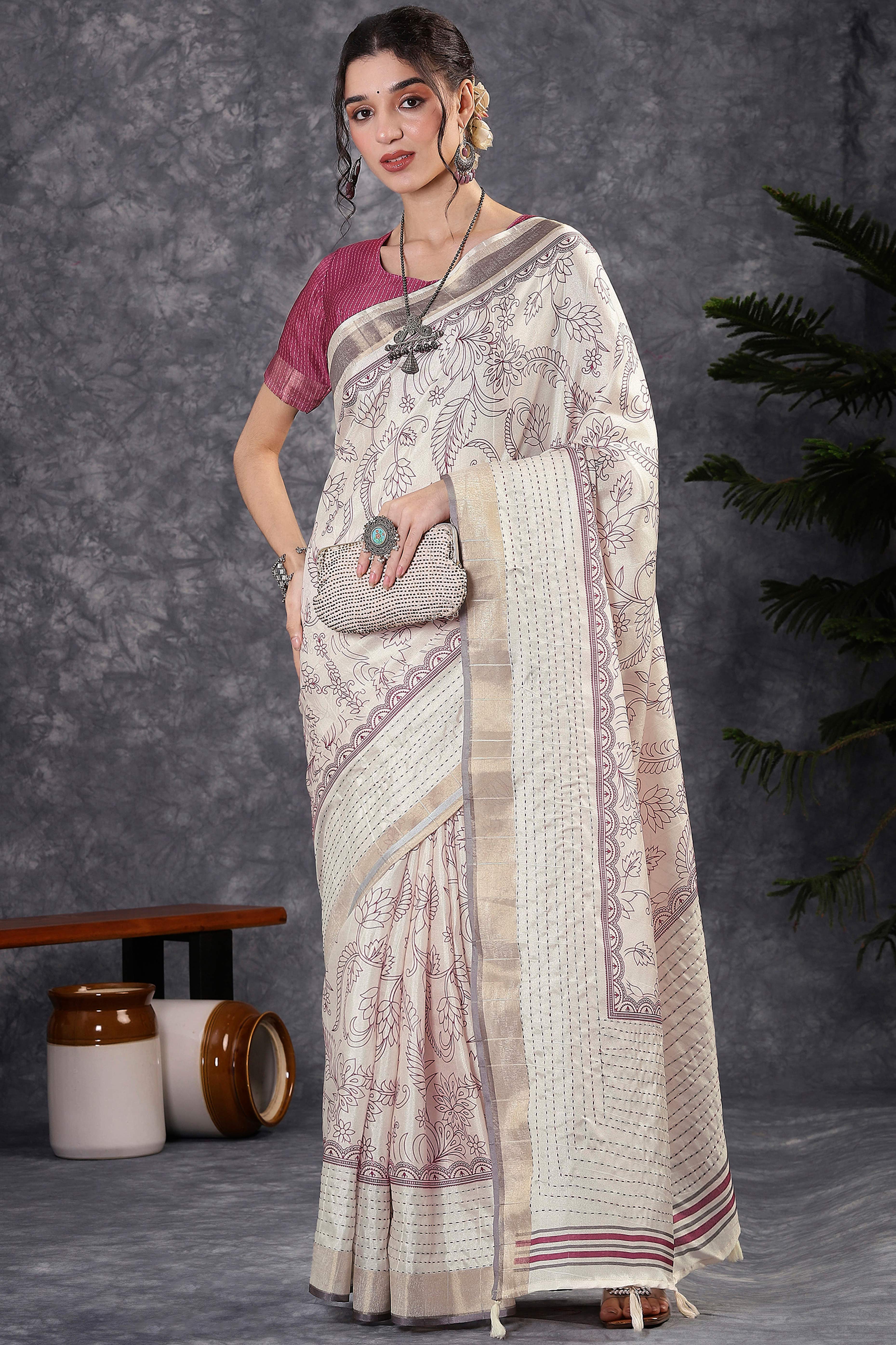 Offwhite & Magenta Floral Printed Kotha Cotton Silk Saree With Beautifully Crafted Katha Embroidery