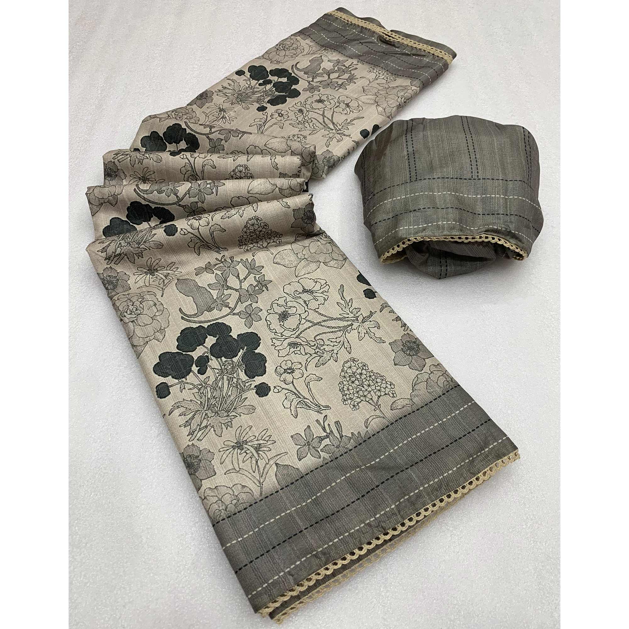 Grey Floral Digital Printed Tussar Silk Saree