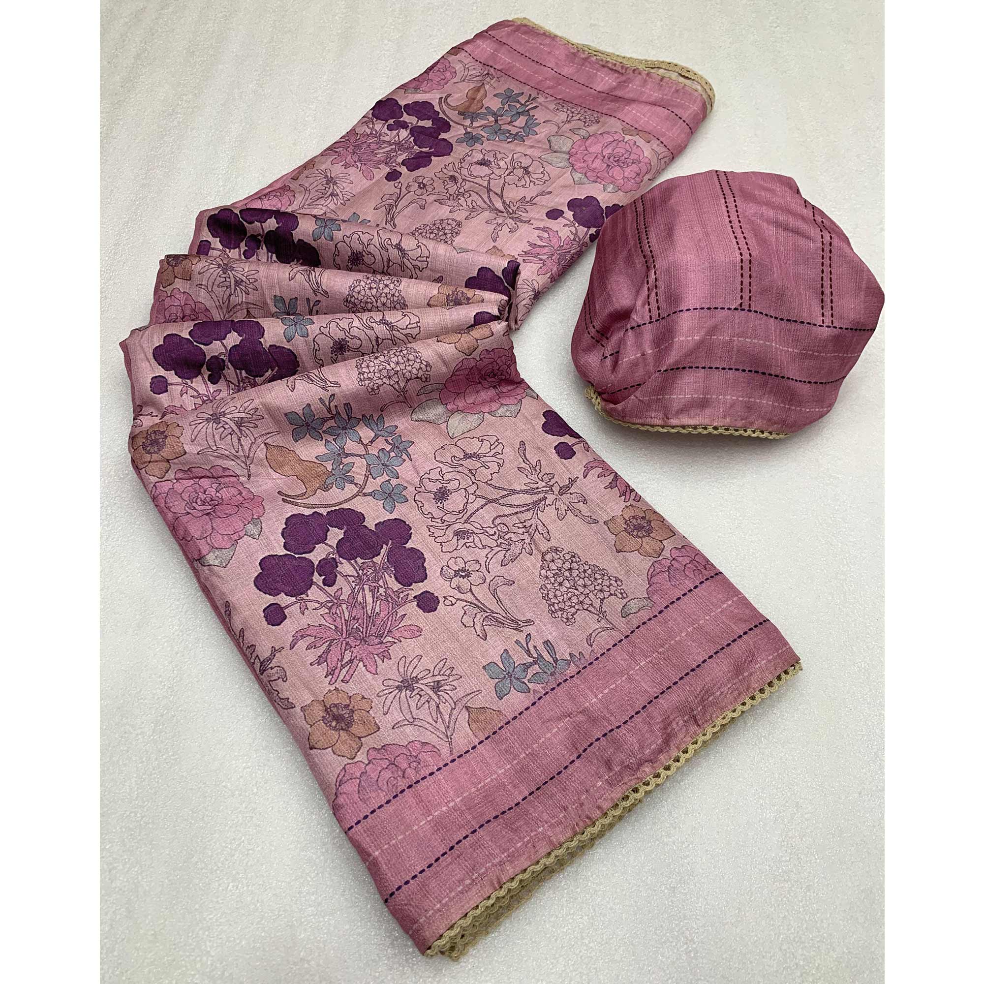 Pink Floral Digital Printed Tussar Silk Saree