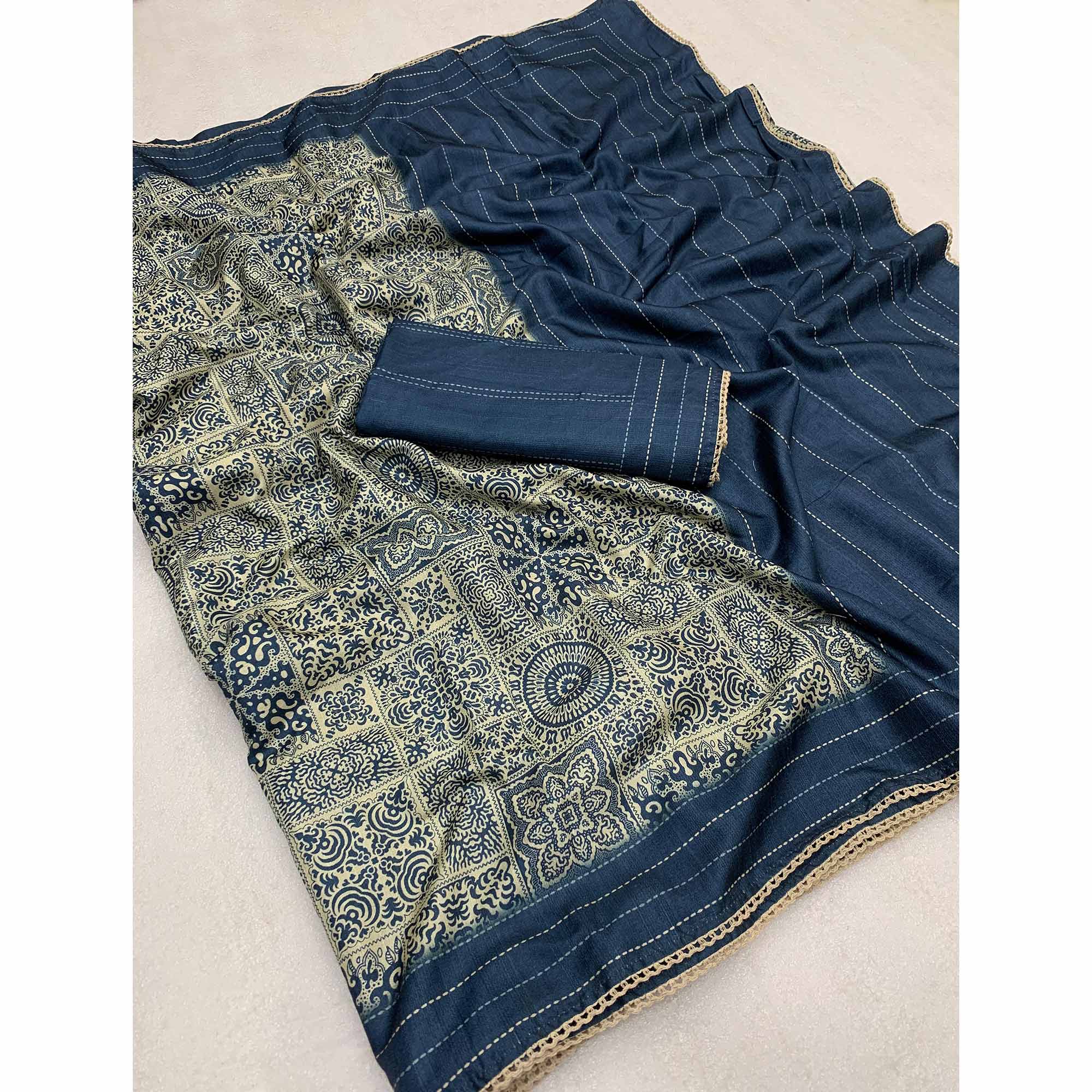 Blue Ajrakh Printed Tussar Silk Saree