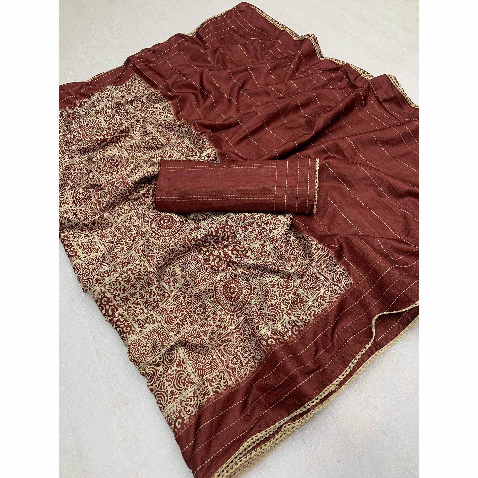 Rust Ajrakh Printed Tussar Silk Saree