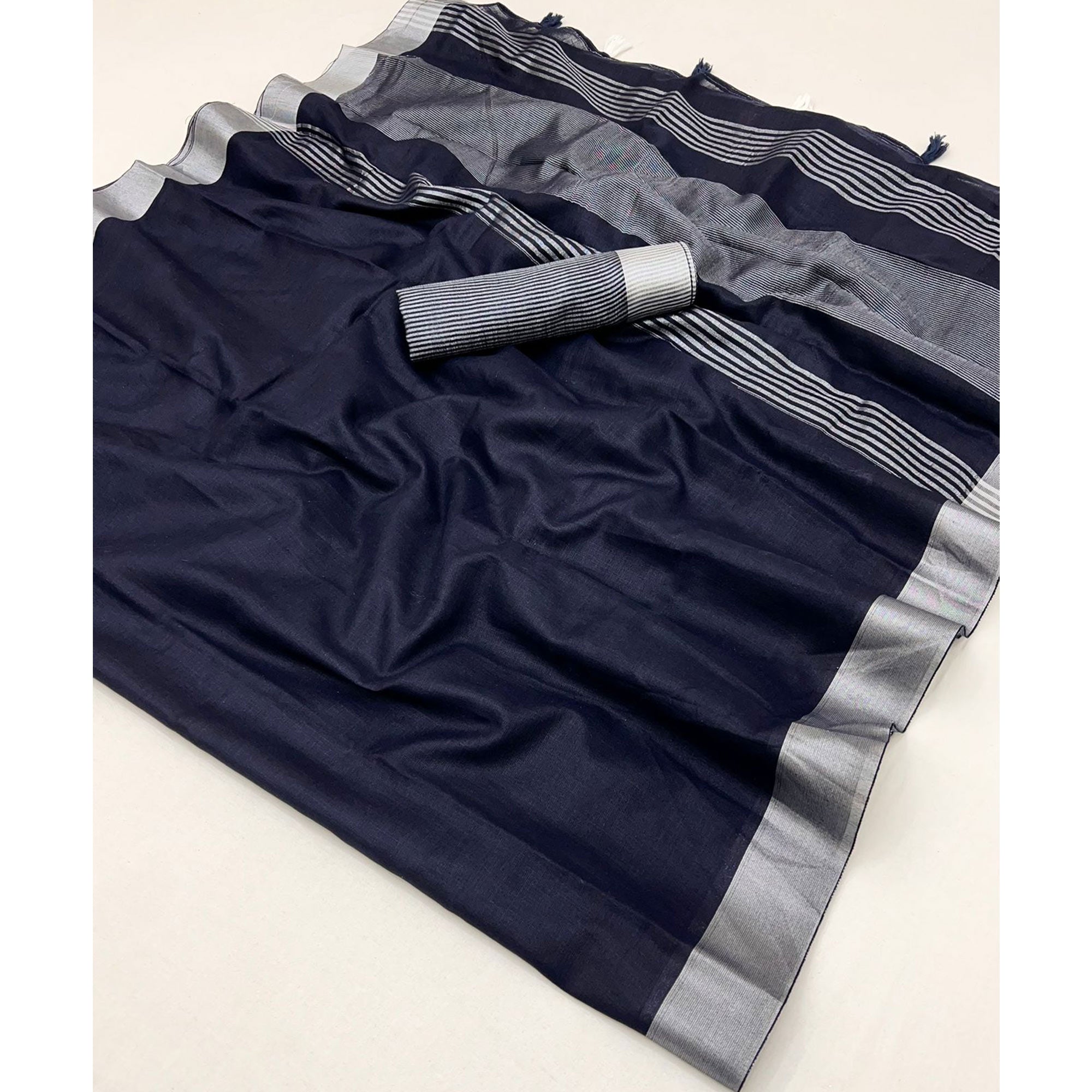 Dark Blue Solid Pure Linen Saree With Zari Woven Border